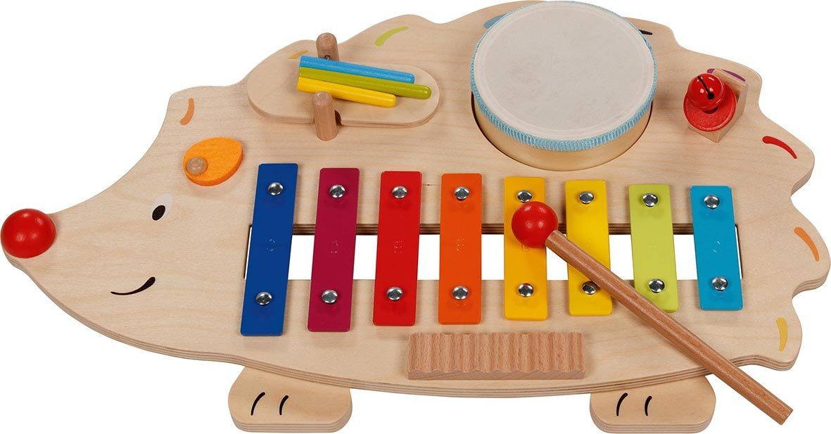goki Spielzeug-Musikinstrument Musikstation Igel, mit Notenheft, aus Holz,  farbige Metallplatten, Klangstation