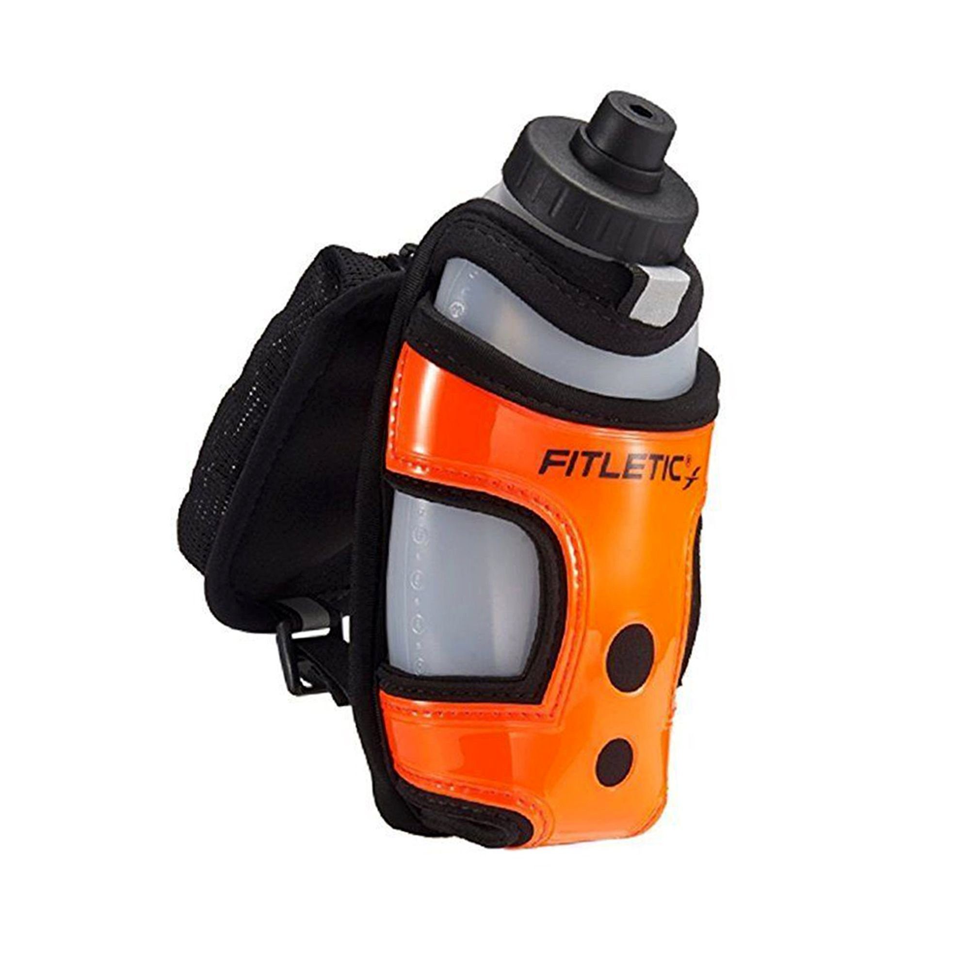 Fitletic Laufgürtel Hydra Pocket, Handtasche Ein-Hand Neon-Orange Premium Laufausrüstung Trinksystem Trinkflasche, mit