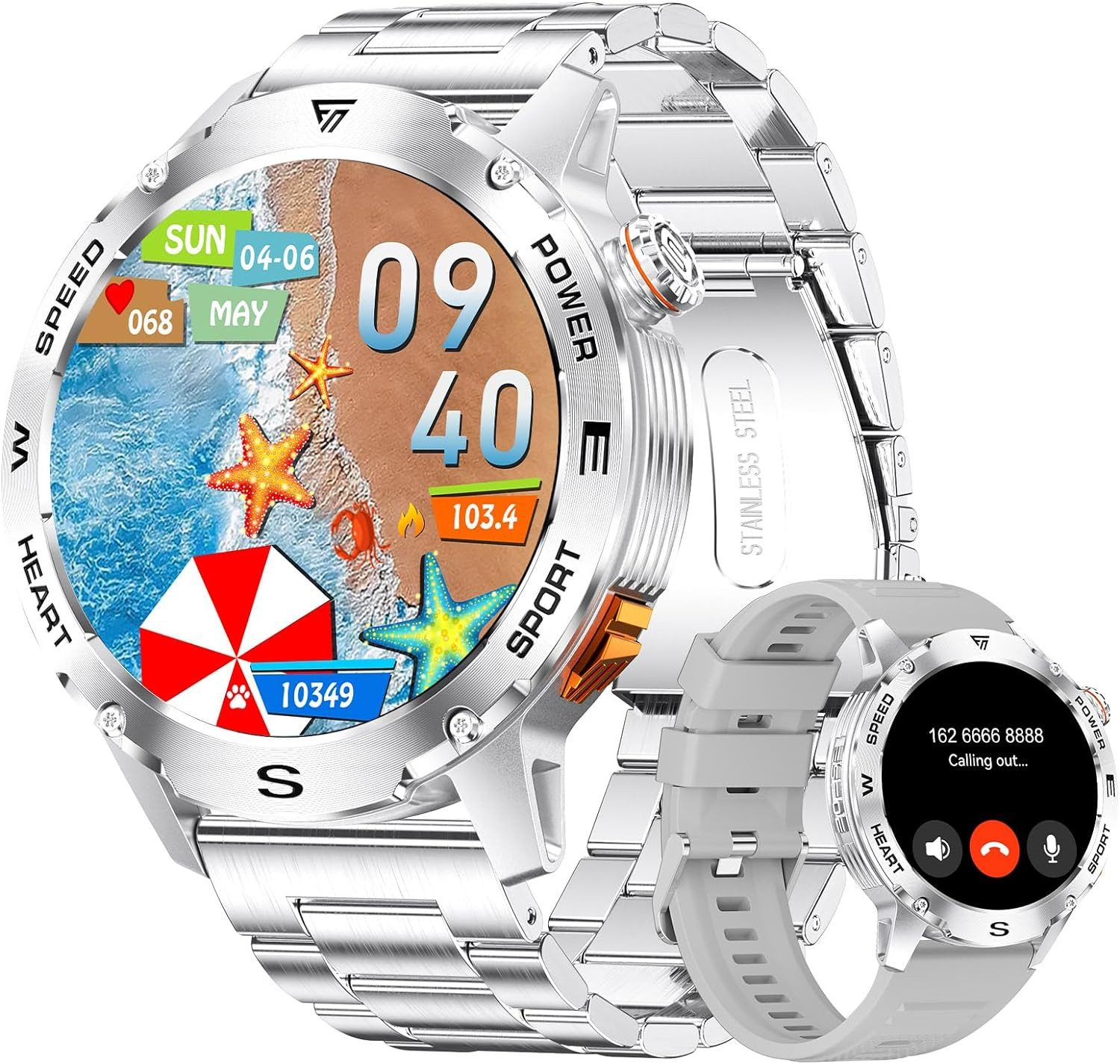 FoxBox Herren's Telefonfunktion 460mAh Fitness-Tracker Smartwatch (1,43 Zoll, Android/iOS), mit 100+Sportmodi Herzfrequenzmonitor Schlafmonitor 3ATM Wasserdicht