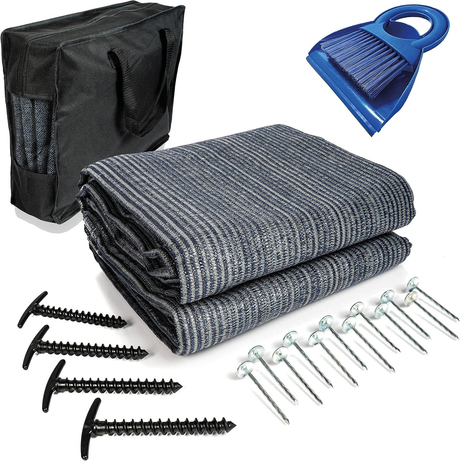 Mr Nomad Zeltteppiche Vorzeltteppich - hochwertiger 300 g/m² Softer Camping Teppich, inkl Tragetasche, T-Heringe, Stahlnägel & Kehrblech