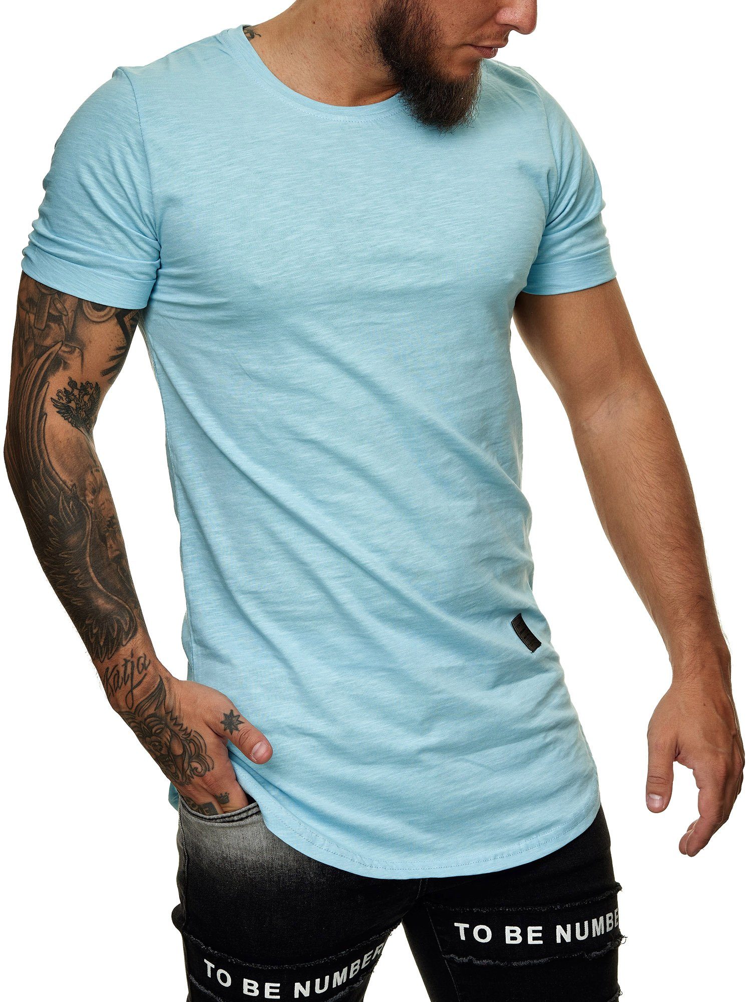 T-Shirt Basic Shirt Code47 Zipper Vintage Round T-Shirt (1-tlg) Shirt Oversize Türkis Herren Neck