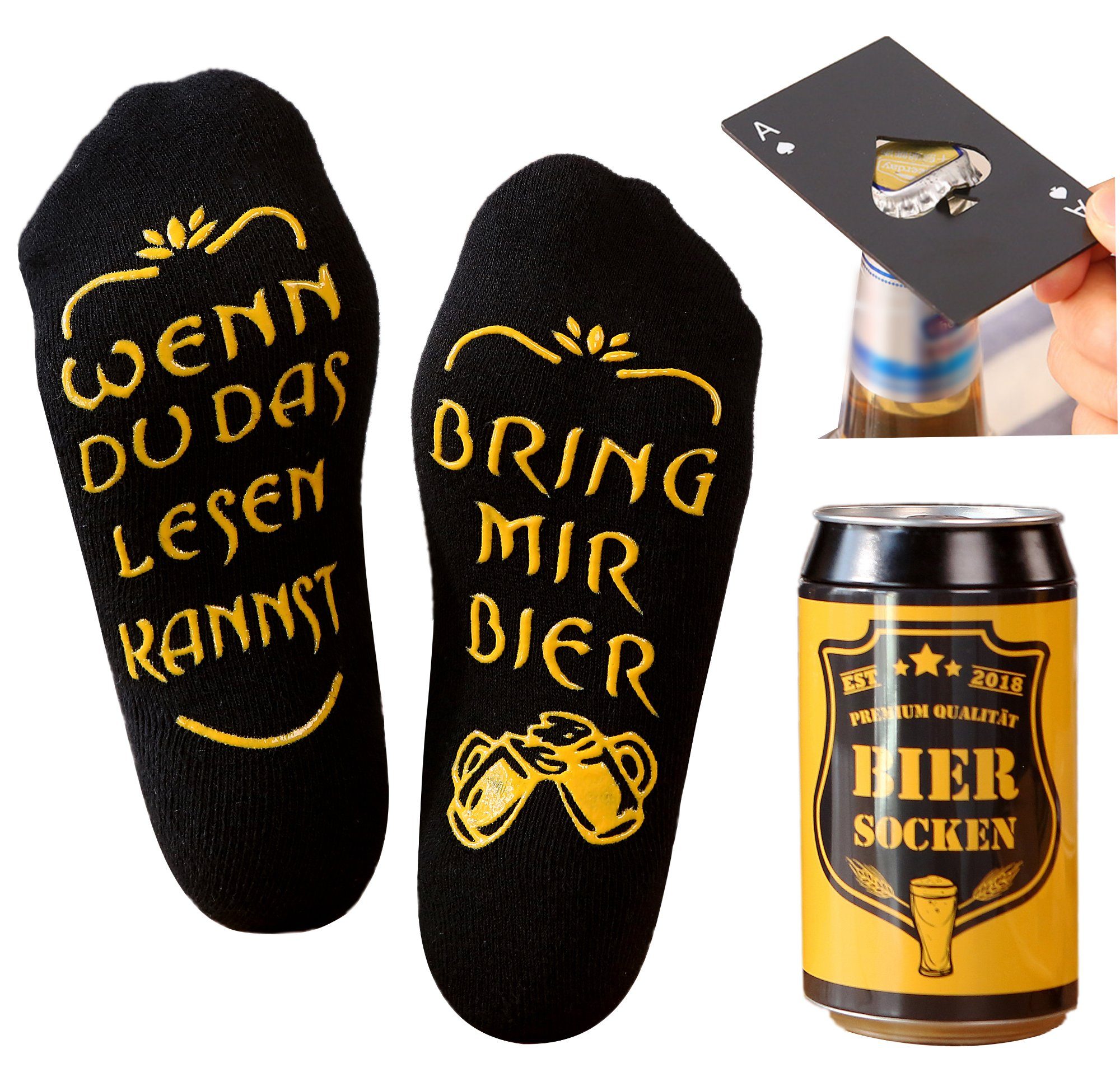 Lucadeau Socken Bier Socken mit Spruch und Edelstahl Flaschenöffner, bring mir Bier (Dose, 1 Paar) rutschfest, Gr. 38-44, Geschenke für Männer, Geburtstagsgeschenk Schwarz+Pikass schwarz