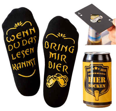Lucadeau Socken Bier Socken mit Spruch und Edelstahl Flaschenöffner, bring mir Bier (Dose, 1 Paar) rutschfest, Gr. 38-44, Geschenke für Männer, Geburtstagsgeschenk