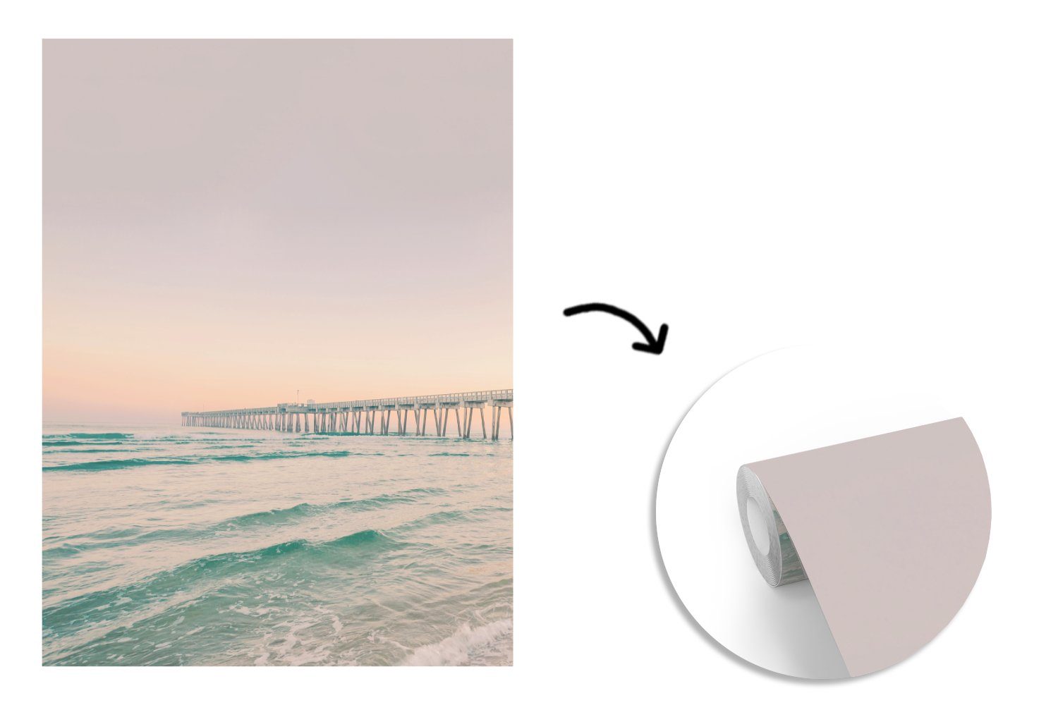 Vinyl Natur - (4 Fototapete Strand - Meer Wohnzimmer, St), Montagefertig bedruckt, - Sonnenuntergang, Matt, Brücke Wandtapete für MuchoWow Tapete -