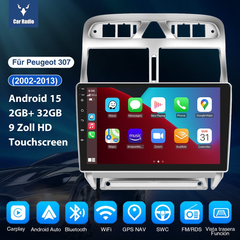 ESSGOO Für Peugeot 307 CC 2002-2013 Android Autoradio Android 15 Autoradio (RDS, Digitalradio (DAB), FM)