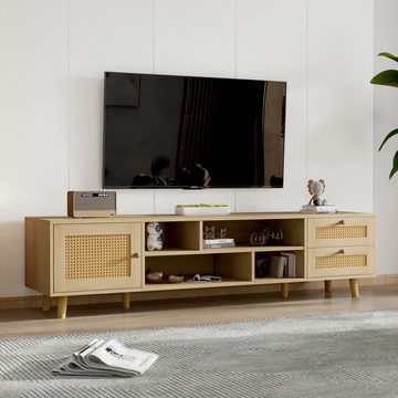 OKWISH TV-Schrank Lowboard Unterschrank (2 Schubladen, 1 Tür,für 70-Zoll-Fernseher) Premium 160 cm Holzfarbenes Rattan-TV-Ständer