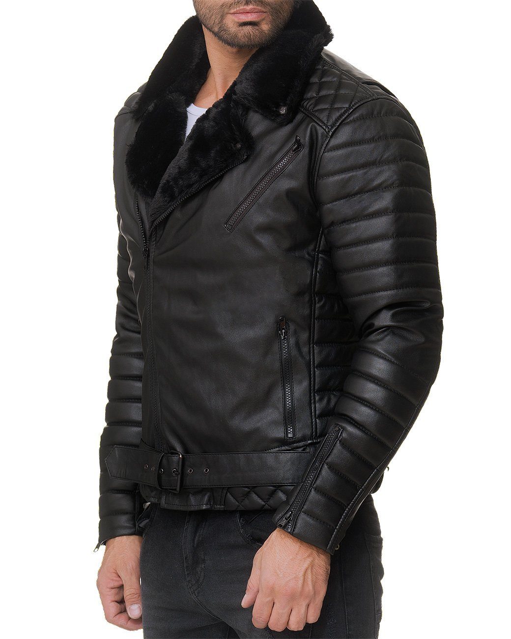 gefüttert schwarz Kunstleder mit RS008 Reichstadt Jacke (1-St) Herren Bikerjacke Steppmustern