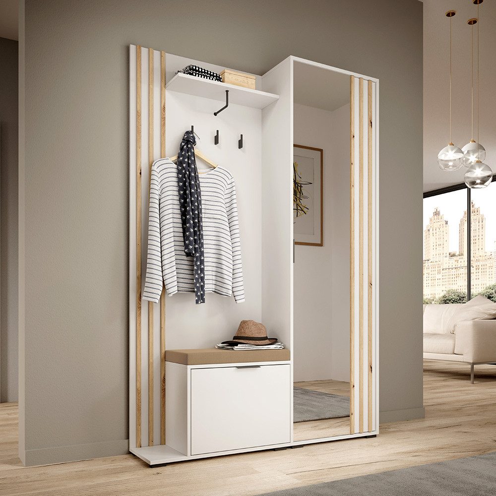 Lomadox Garderobe NAMUR-160, in Weiß, 131 cm breit, mit Lamellen in Eiche
