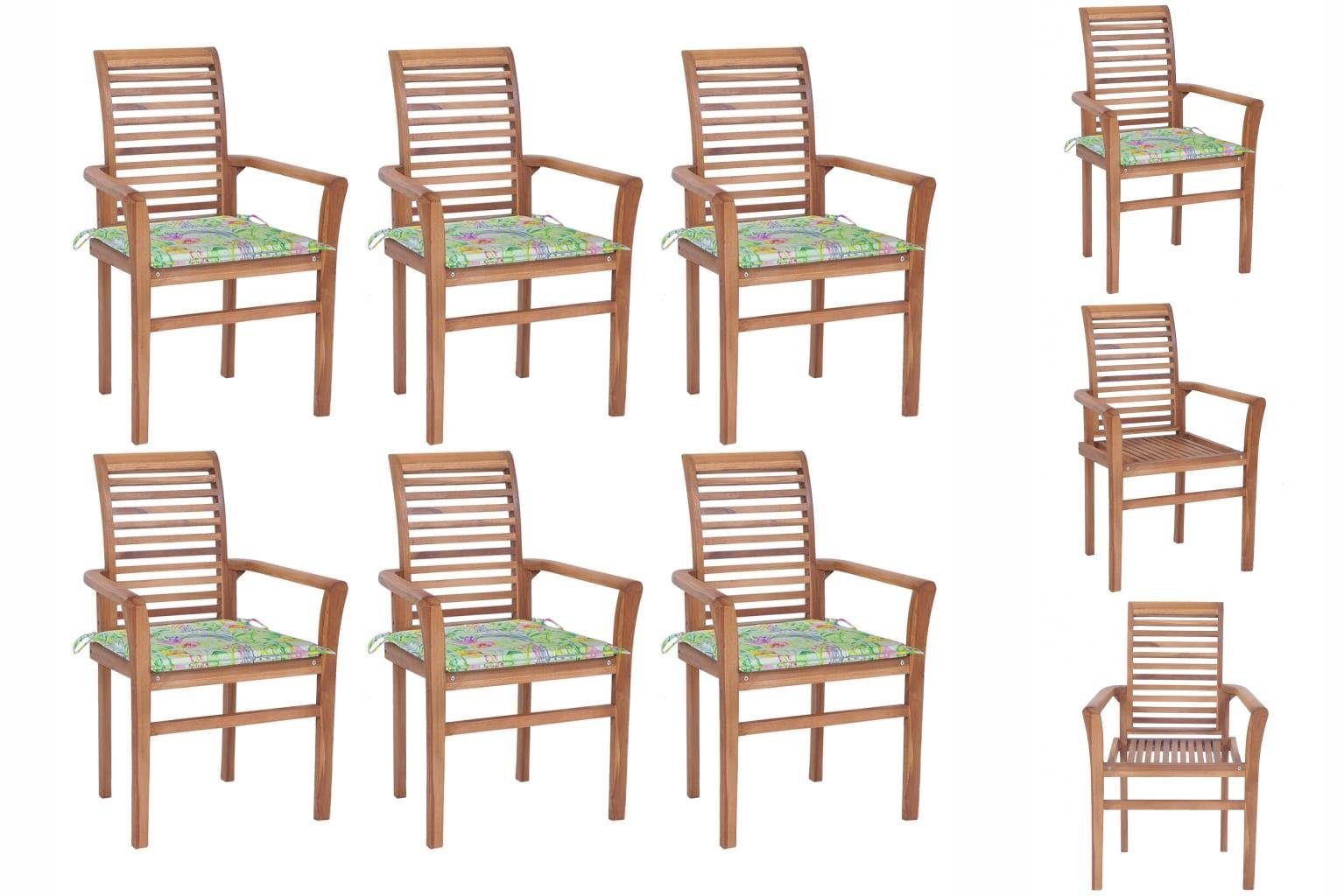 vidaXL Gartenstuhl Gartenstühle Sessel Essstühle 6 Stk mit Blattmuster Kissen Massivholz