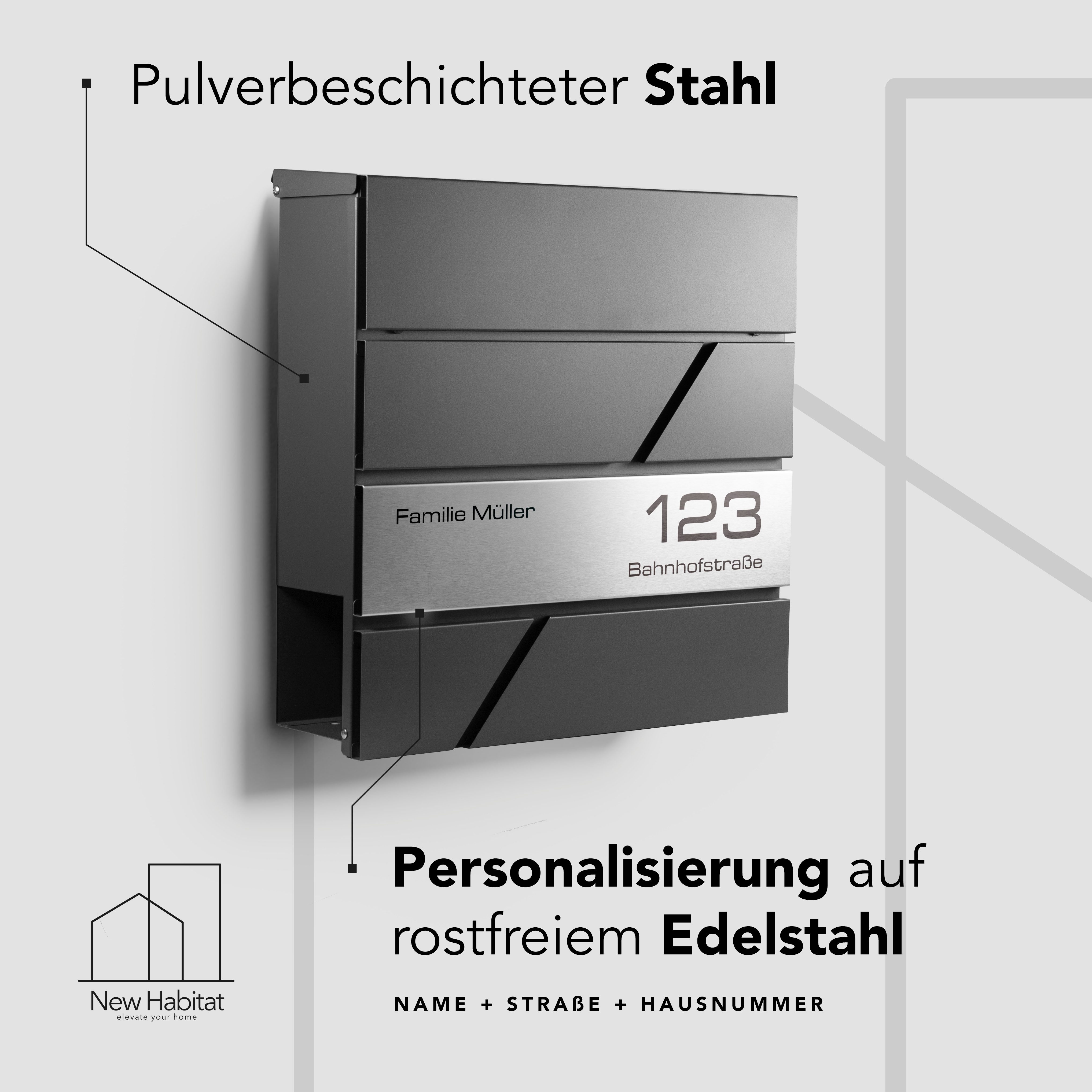NewHabitat Briefkasten Moderner Wandbriefkasten Personalisierbar Anthrazit RAL7016 (Komplettset, Modell: Paris), Rostfrei