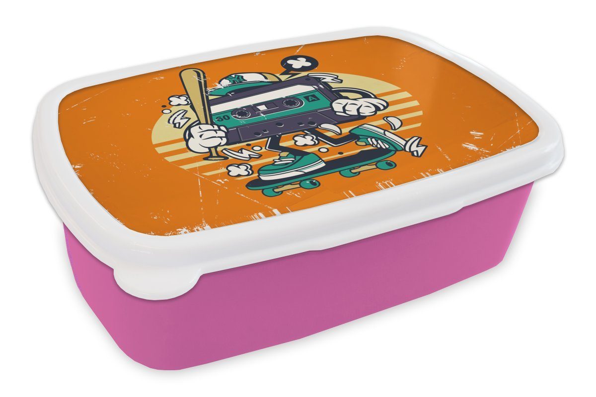 MuchoWow Lunchbox Kassette - Skateboard - Vintage, Kunststoff, (2-tlg), Brotbox für Erwachsene, Brotdose Kinder, Snackbox, Mädchen, Kunststoff rosa