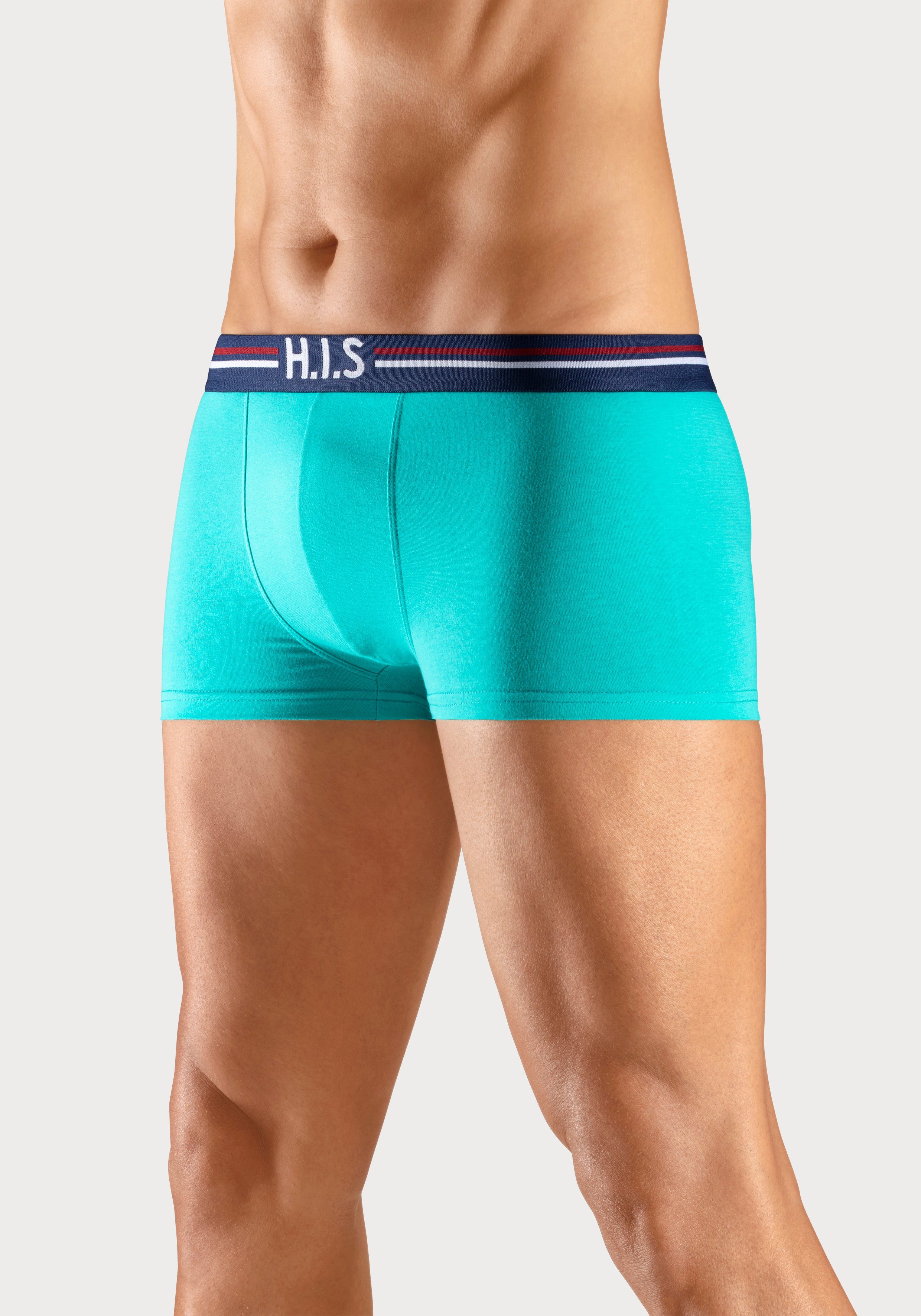 H.I.S Boxershorts (Packung, 5-St) in mit Bund Hipster-Form grau-meliert, orange, schwarz und Streifen mint, navy, Markenlogo im