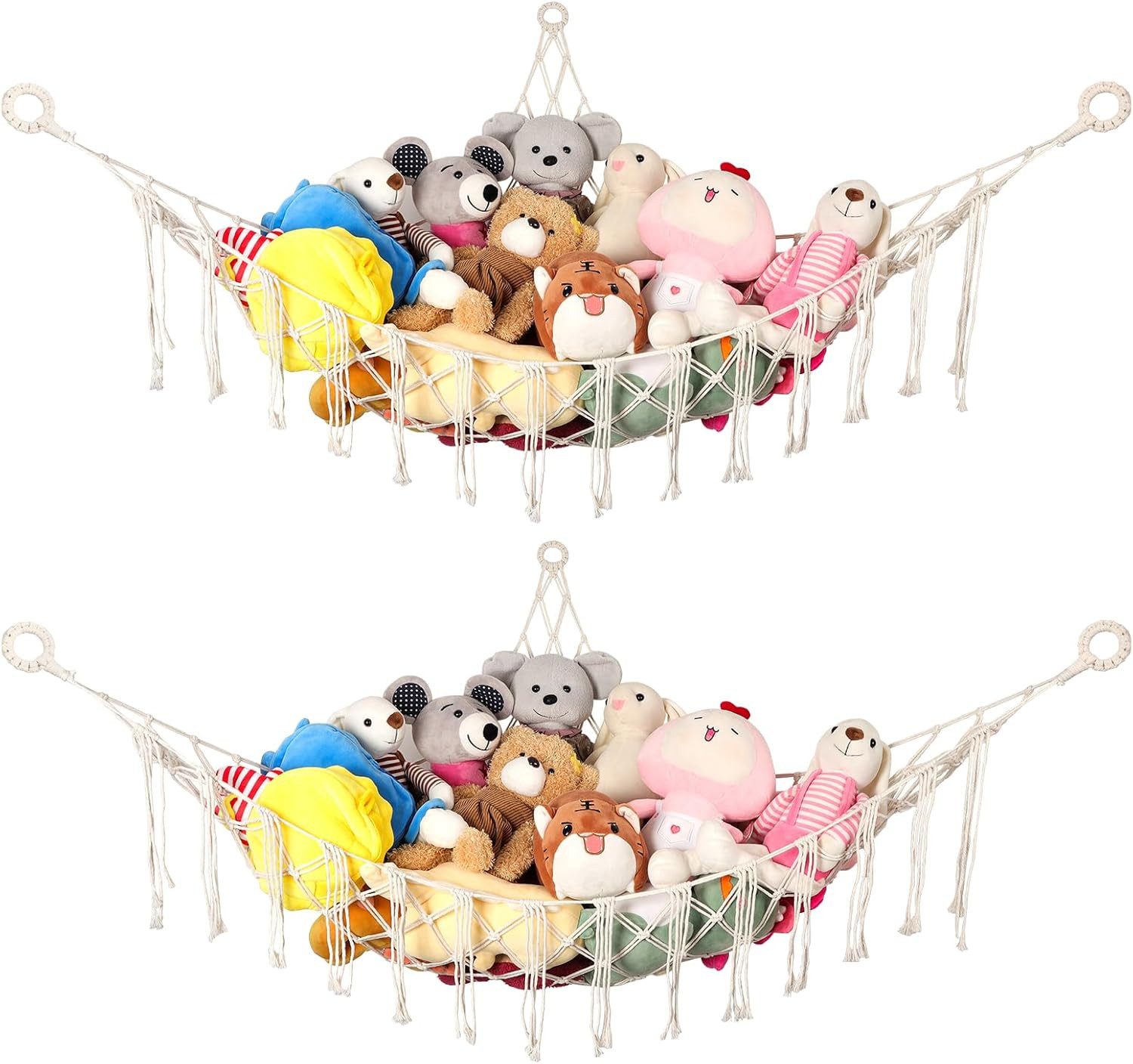 BlingBin Dekohänger 2er Kuscheltier Aufbewahrung Netz Boho Makramee Stofftier Hängematte (2er Set, 2 St., 142L x 104B x 104H cm), Ecke Kinderzimmer Hängend Spielzeug Organizer für Plüschtiere
