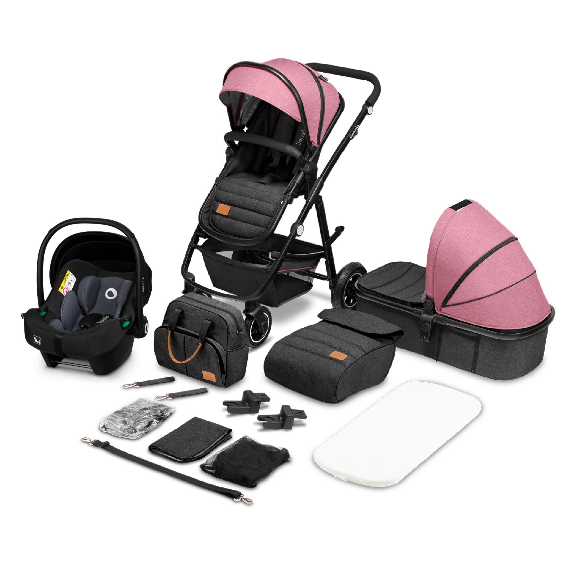 lionelo Kombi-Kinderwagen Amber 3in1, babyschale 0-13kg Tasche Moskitonetz Regenschutz 3in1