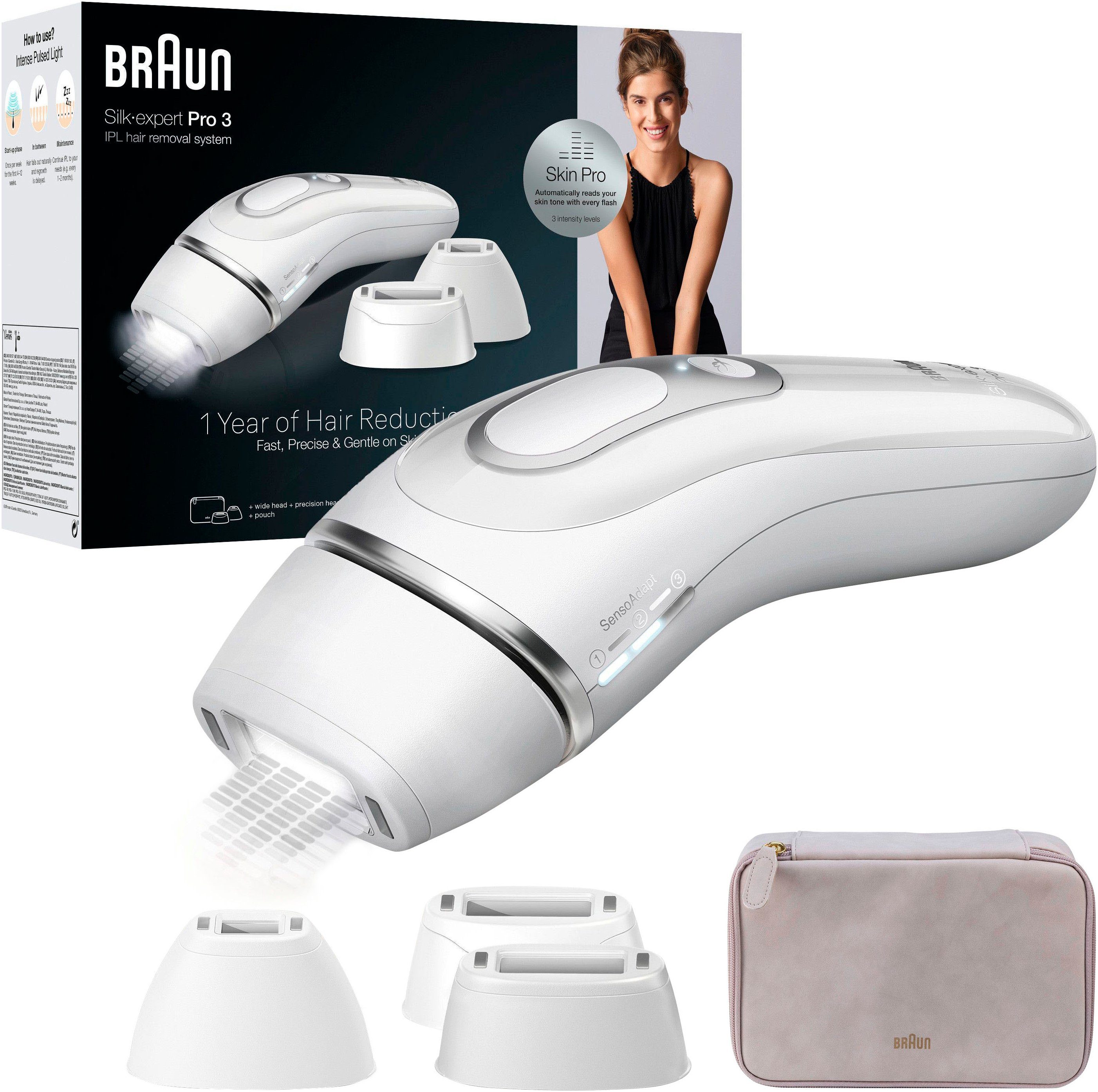 Braun IPL-Haarentferner Silk·expert Pro 3 PL3230, pro Minute bis zu 100 Lichtimpulse, 3 Aufsätze, mit Aufbewahrungstasche