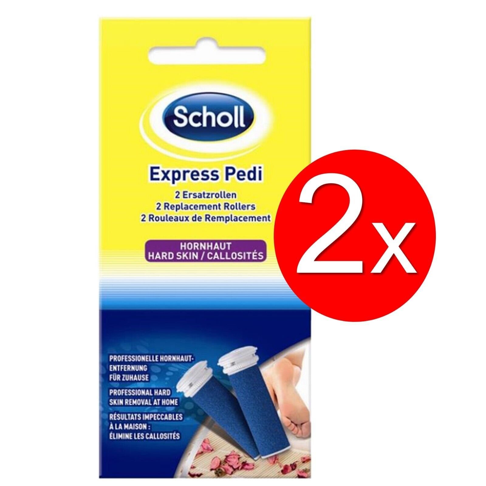 Scholl Hornhautentferner Ersatzrolle Express Pedi 2er Set 4 Ersatzrollen Hornhaut Entferner Rollen, Feine Rolle für weiche und gepflegte Füße Pediküre, Ersatz-Rollenkopfnachfüllungen Reinigung, Fuß Pflege Nachfüller für die elektrischen Hornhautentferner