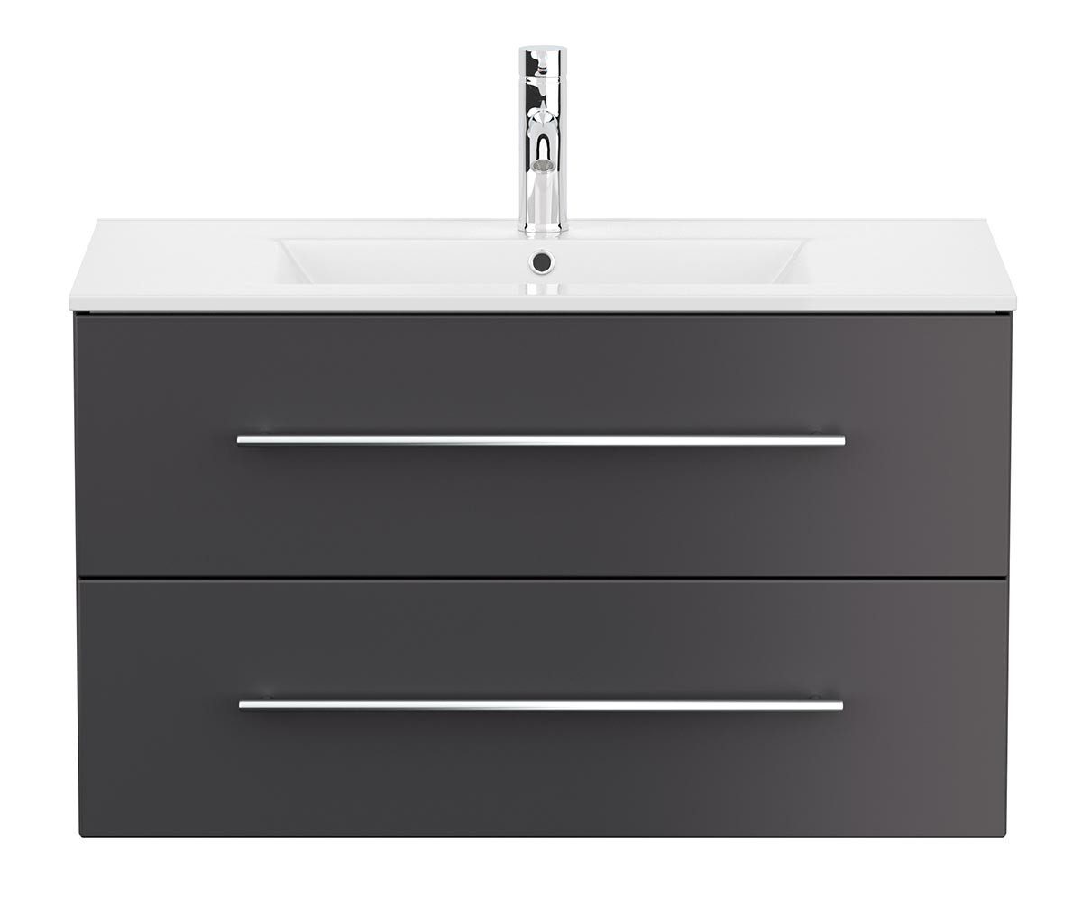 einfachgutemoebel Waschtisch-Set KUBOA Waschplatz 90cm Grafit Seidenmatt Keramikbecken, (Badmöbel Set, 1-St., Waschtisch Set)