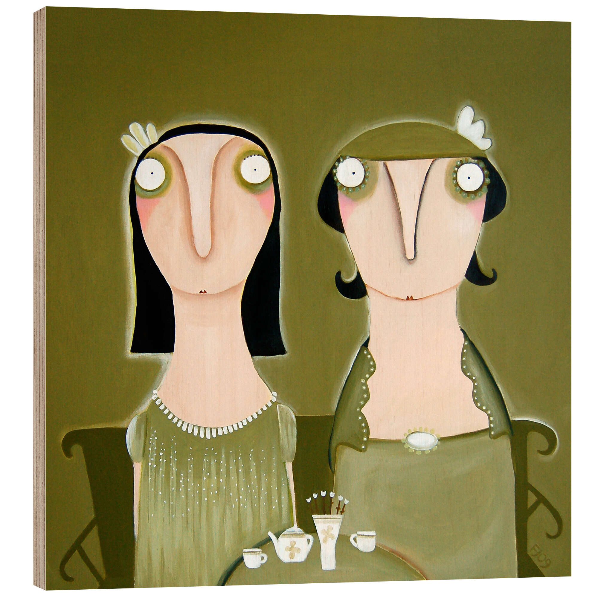 Posterlounge Holzbild Lacaluna, Frau Sturm-Barzen und ich beim Kaffee, Wohnzimmer Modern Illustration