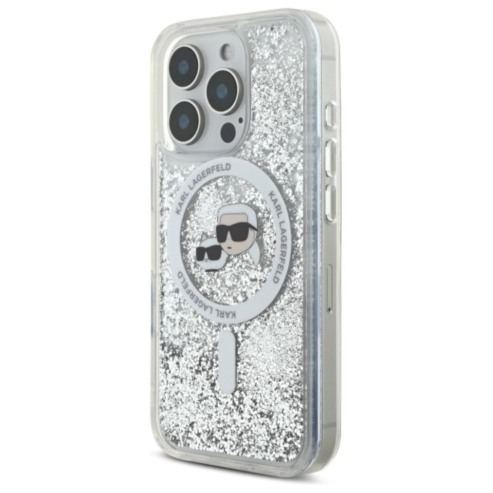 KARL LAGERFELD Handyhülle iPhone 16 Pro Max Glitter silber MagSafe Logo 6,9 Zoll, Kantenschutz