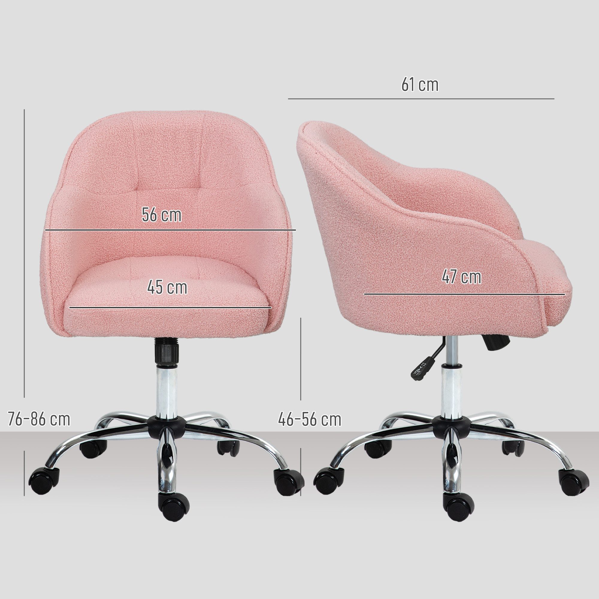 HOMCOM Bürostuhl Schreibtischstuhl mit Teddysamtoptik höhenverstellbar Drehstuhl (ergonomisch Homeoffice Stuhl, 1 St), für Schlafzimmer, Arbeitszimmer, Rosa