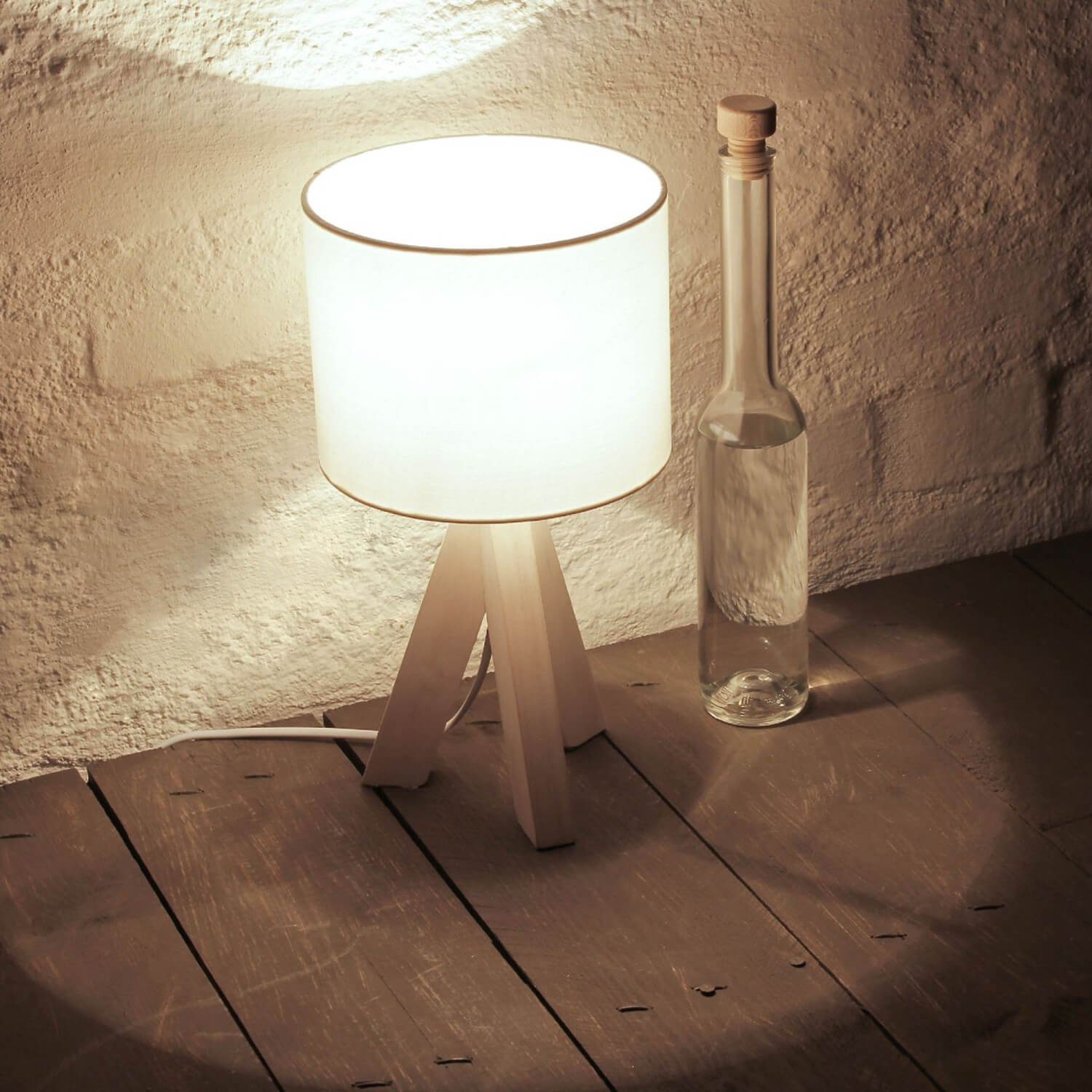 Licht-Erlebnisse Nachttischlampe ohne Fuß Nachttisch Lampe Weiß Tischlampe Holz GING, E27 31cm Leuchtmittel, Stoffschirm