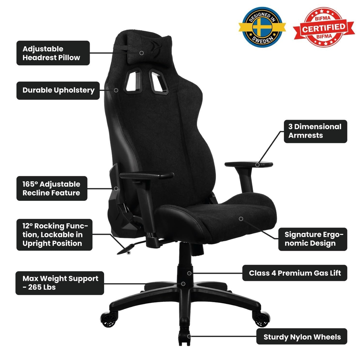 Arozzi Gaming Chair AVANTI-SFB-PBK, Atmungsaktives Soft Fabric, verstellbare Rückenlehne