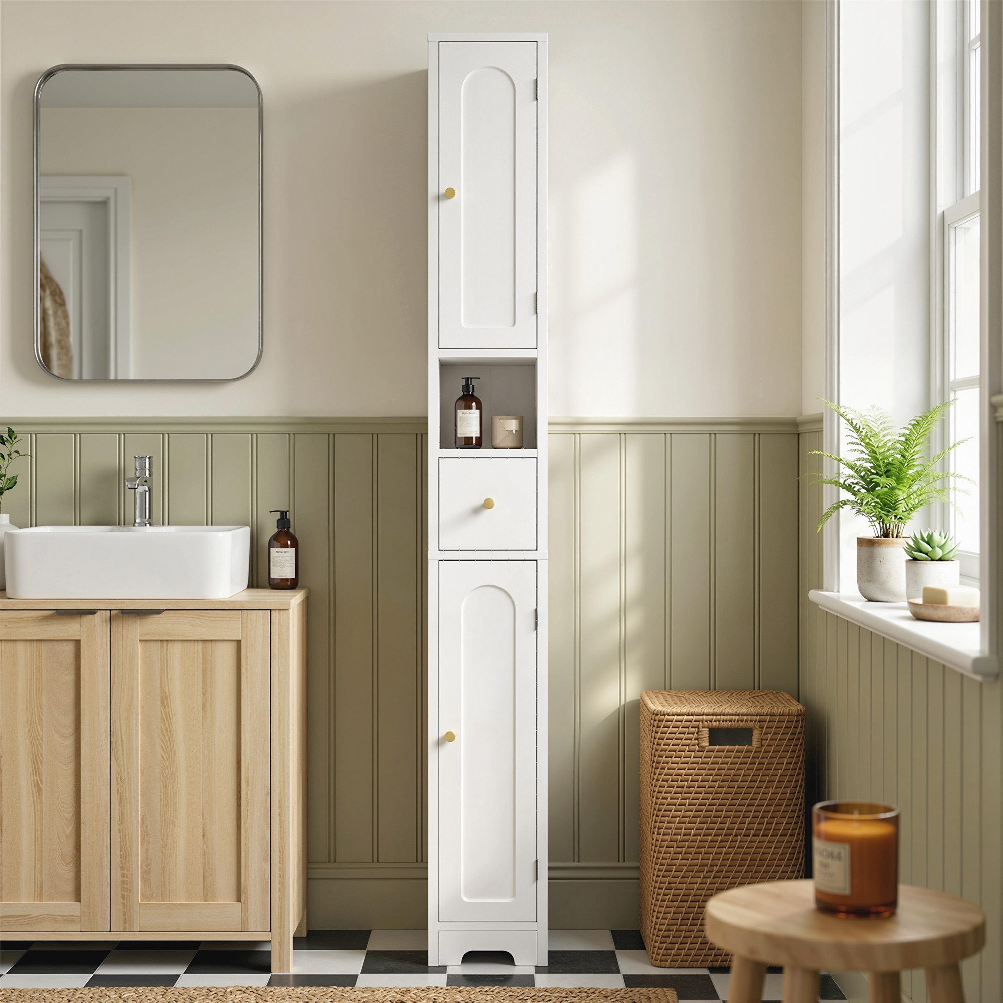 HOMCOM Badkommode Hochschrank mit Schublade, gewölbten Türen, offenem Fach (Badezimmerschrank, 1 St., schmaler Badschrank), für Badezimmer, Küche, 20 x 20 x 185 cm, Weiß