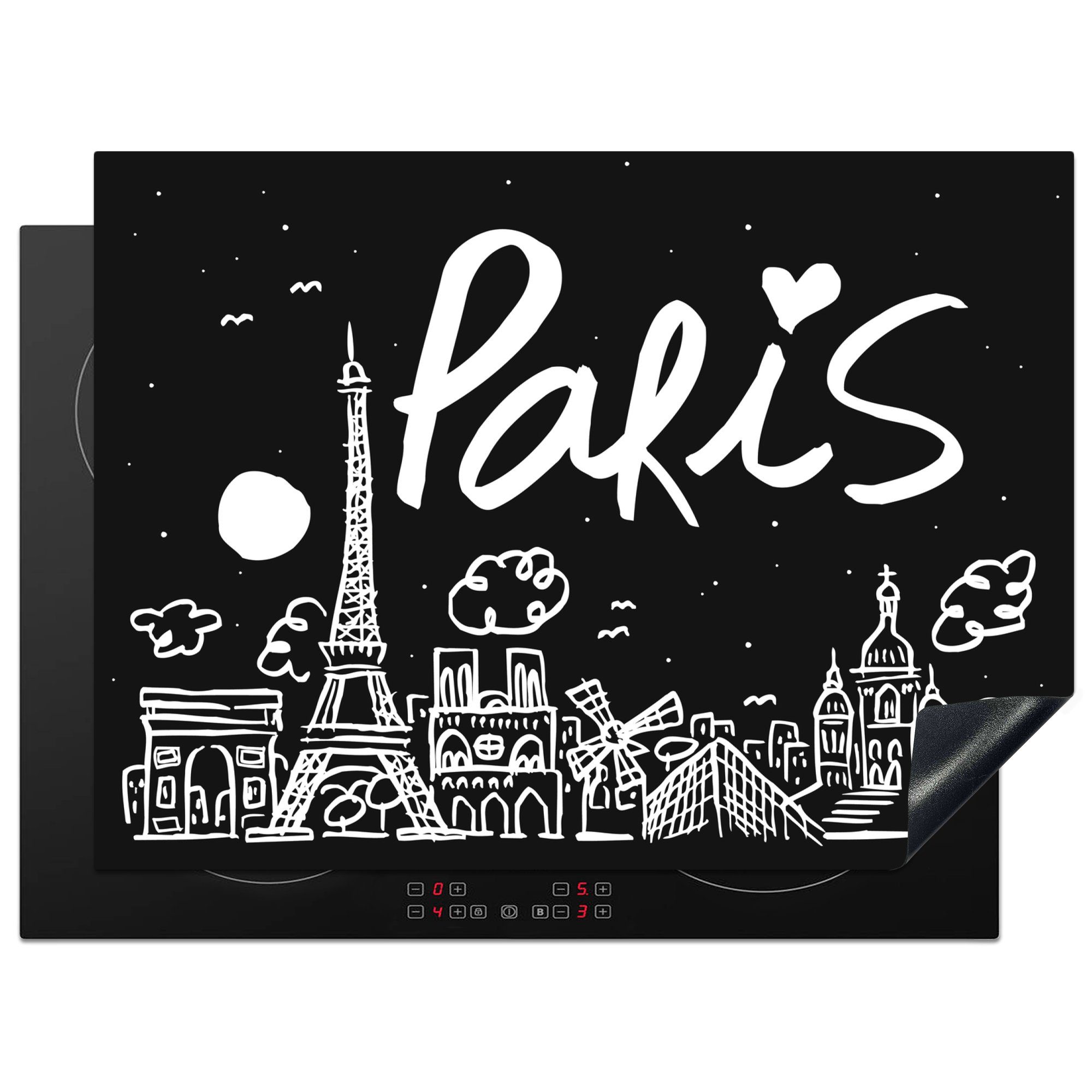 Eiffelturm Ceranfeldabdeckung Mobile Herdblende-/Abdeckplatte Paris MuchoWow tlg), (1 cm, Arbeitsfläche Vinyl, 70x52 - Mond, nutzbar, -