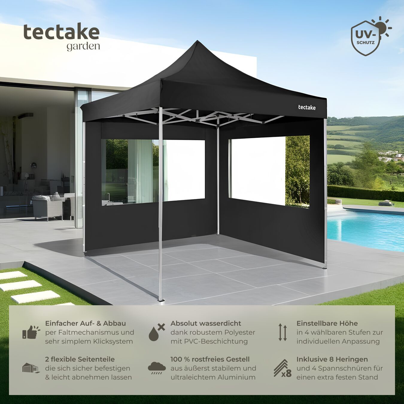 tectake Pavillon Gartenzelt 3 x 3 m, inklusive Spannseile, Heringe und Tragetasche, mit 2 Seitenteilen, (Partyzelt Olivia, in schwarz), höhenverstellbar, wasserdicht und mit UV-Schutz, mit 4 Seitenteilen