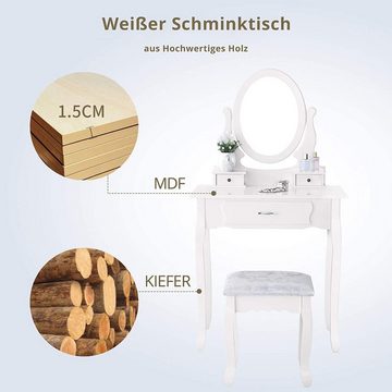 FUROKOY Schminktisch mit Spiegel, Hocker & 3 Schubladen, 75 x 40 x 136 cm, Landhausstil, MDF Holz, Kosmetiktisch Frisiertisch Kommode - Weiß
