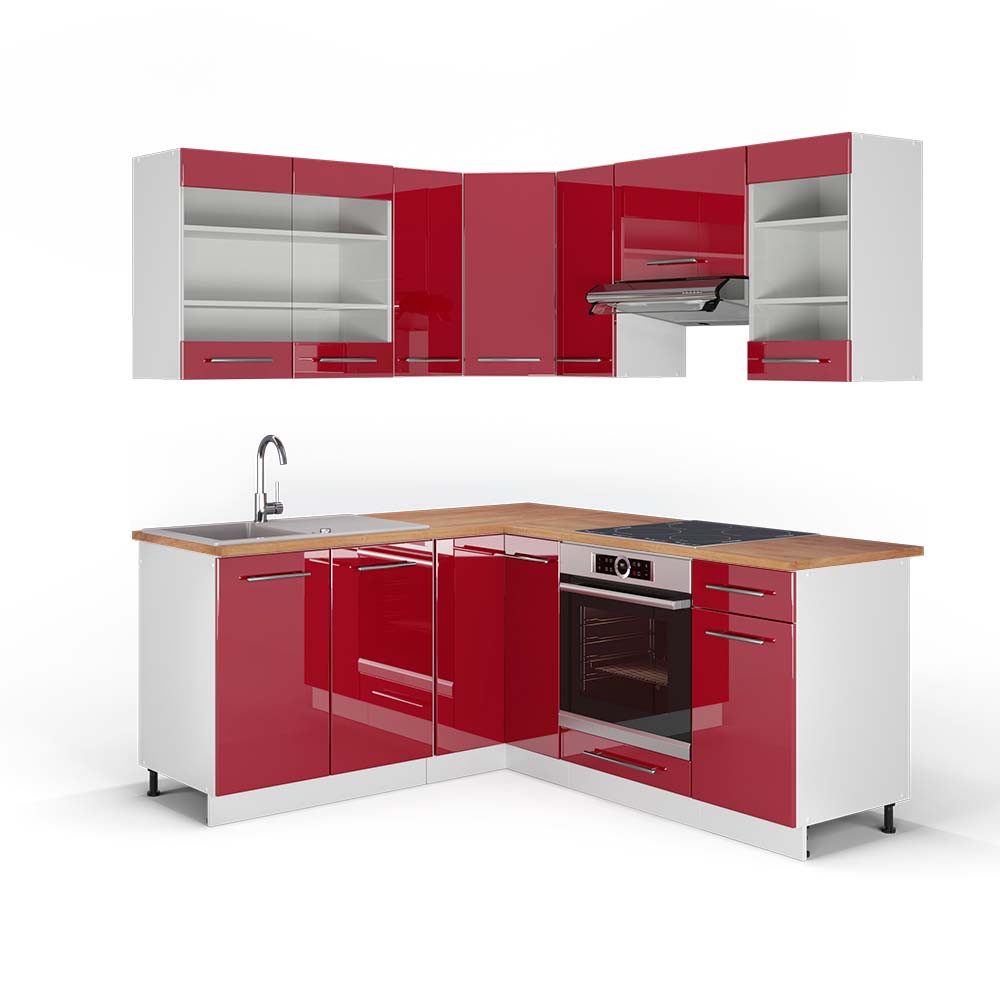 Vicco Winkelküche Fame-Line, Bordeaux Hochglanz/Weiß, 160 x 190 cm, AP Eiche