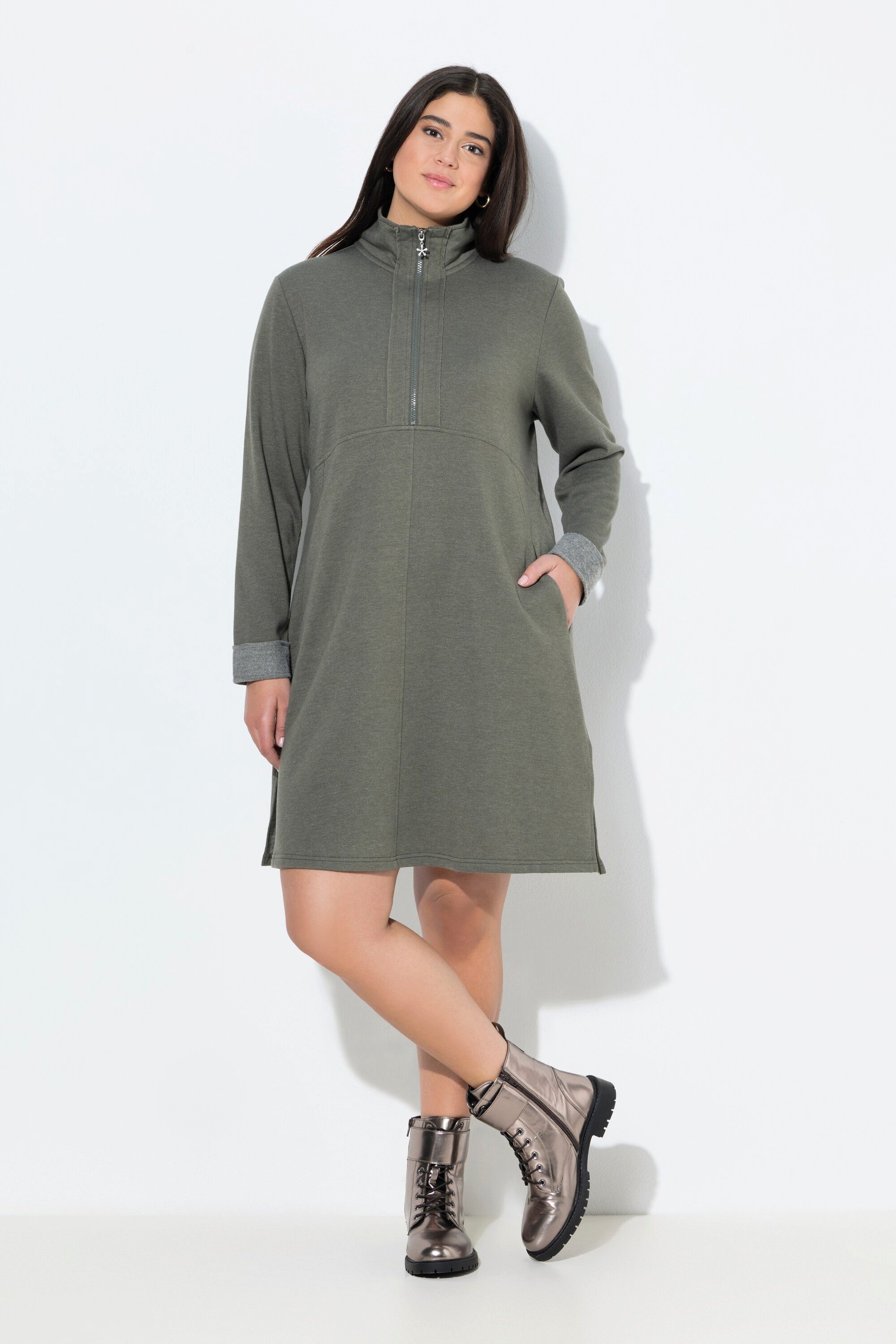 Ulla Popken Midikleid Sweatkleid Troyerkragen A-Linie günstig online kaufen