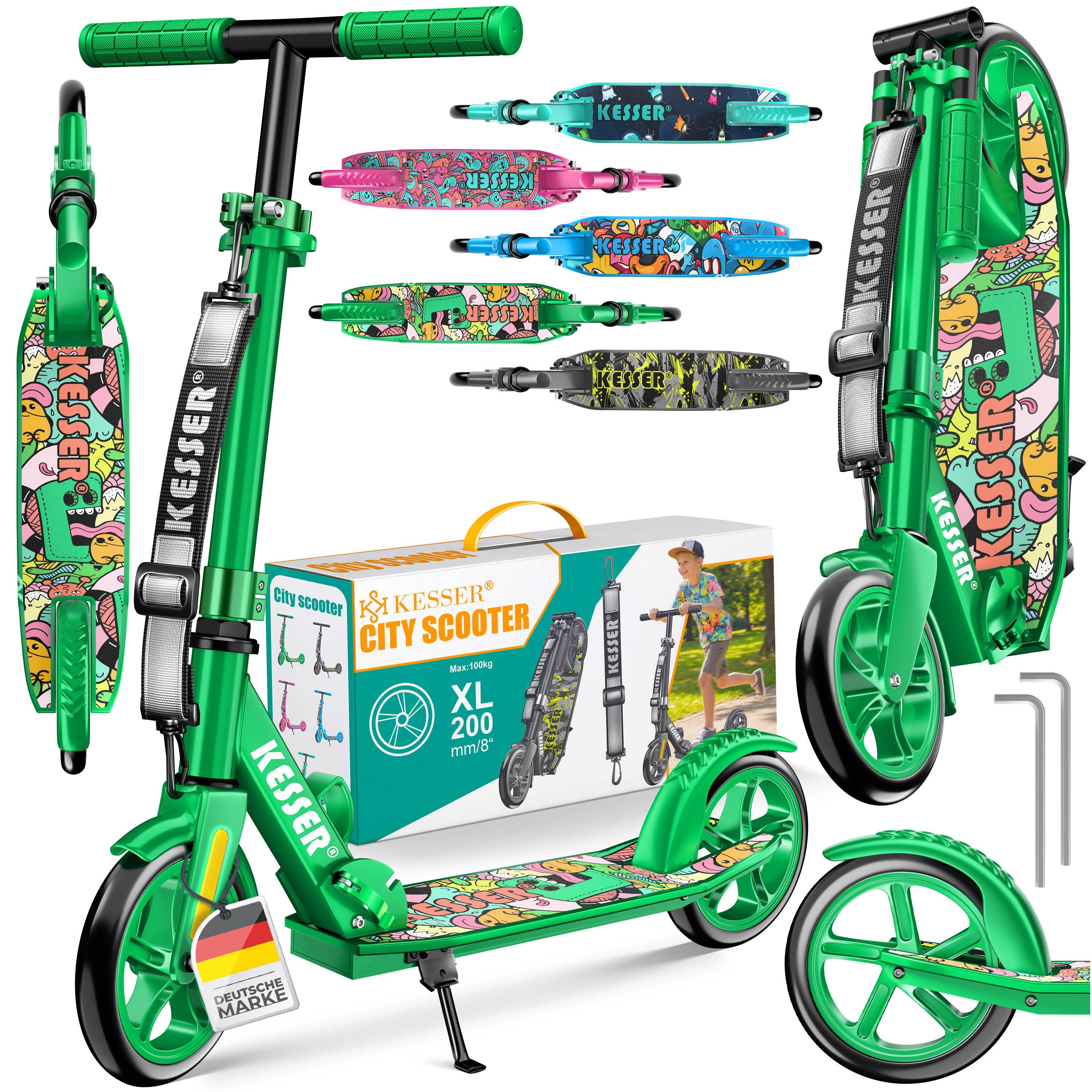 KESSER Scooter Citysooter mit Hinterradbremse & rutschfeste Trittfläche, Kinderroller bis 100kg & 185cm Körpergröße, klappbar höhenverstellbar
