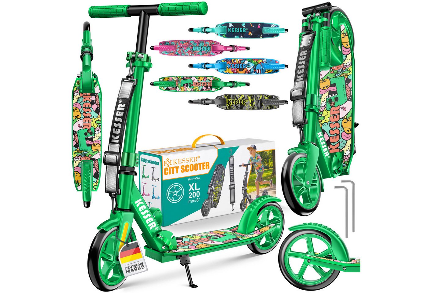 KESSER Scooter mit Hinterradbremse & rutschfeste Trittfläche, bis 100kg & 185cm Körpergröße, klappbar höhenverstellbar