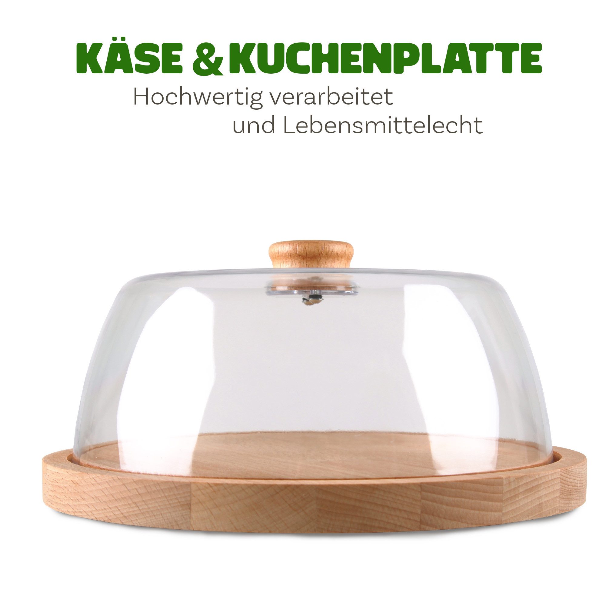 Bestlivings Kuchenplatte mit Abdeckung Ø24xH12 cm, Buchenholz, Käse- und Servierplatte, Haube (BPA-frei und lebensmittelecht) – Bild 5 von 5