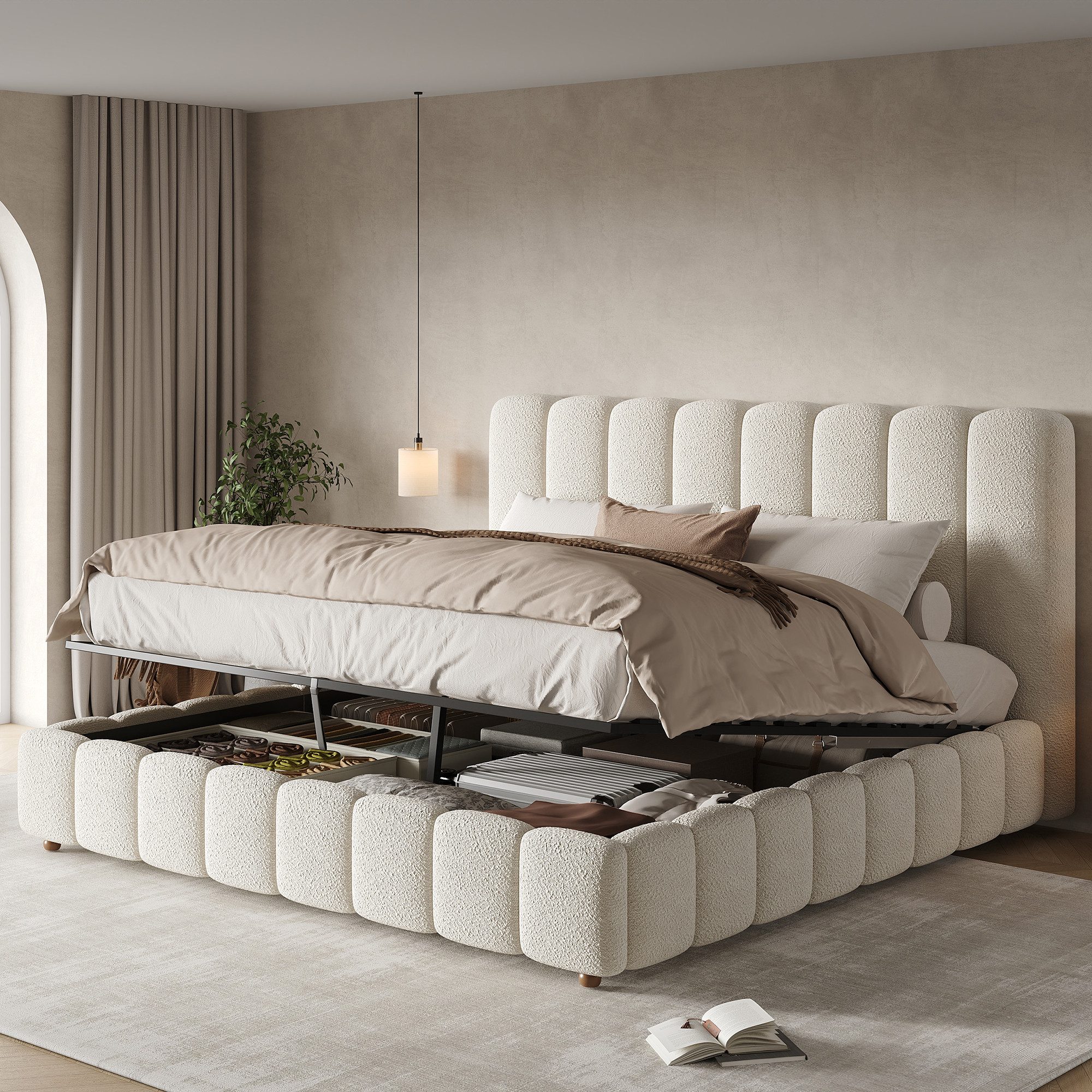 OKWISH Polsterbett 160x200 cm mit Bettkasten, Bouclé Weiß (Packung, 1-tlg., mit hydraulischem Stauraum, großes Stauraum-Kopfteil), Funktionsbett mit Lattenrost & gepolstertem Kopfteil(ohne Matratze)