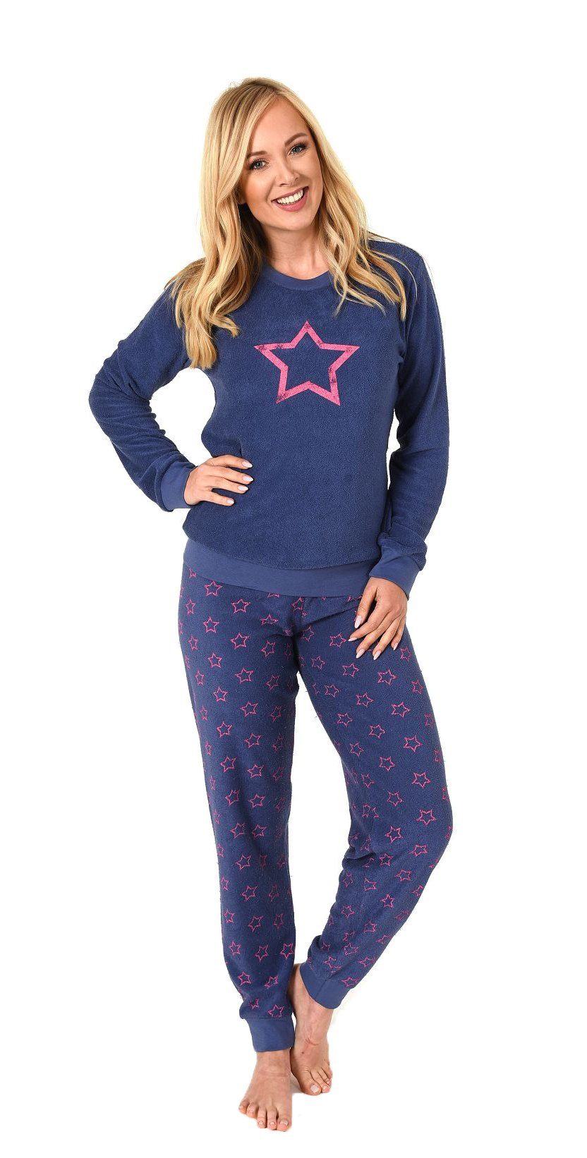 RELAX by Normann Pyjama Damen Frottee Pyjama langarm Schlafanzug mit Bündchen + Sterne Optik
