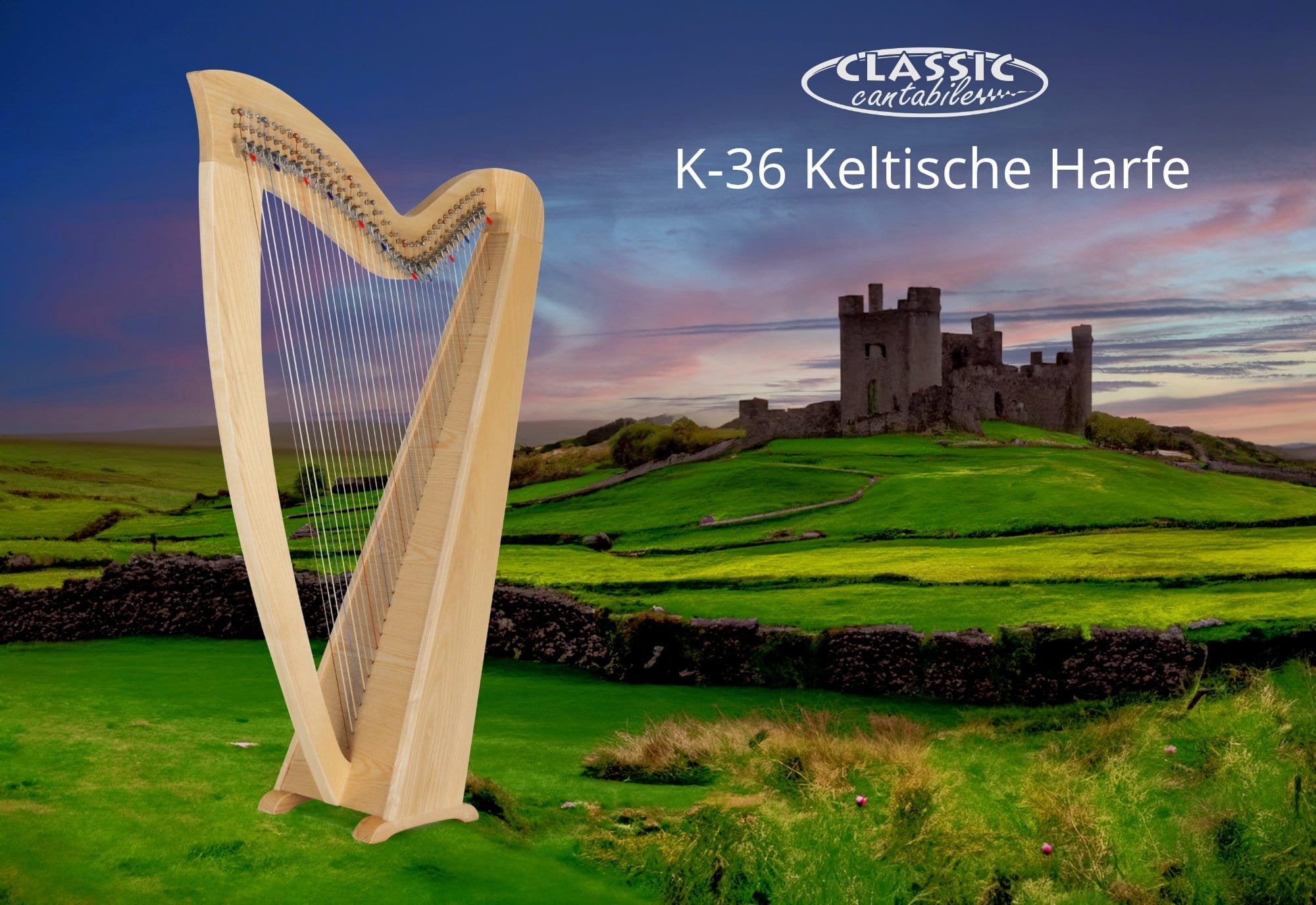 Classic Cantabile Konzertgitarre Classic Cantabile K-36 AW Keltische Harfe 36 Saiten, Inkl. Tasche, 2 Stimmschlüssel, Celtic Harp aus Eschenholz - Es-Dur gestimmt - Mit Halbtonmechanik