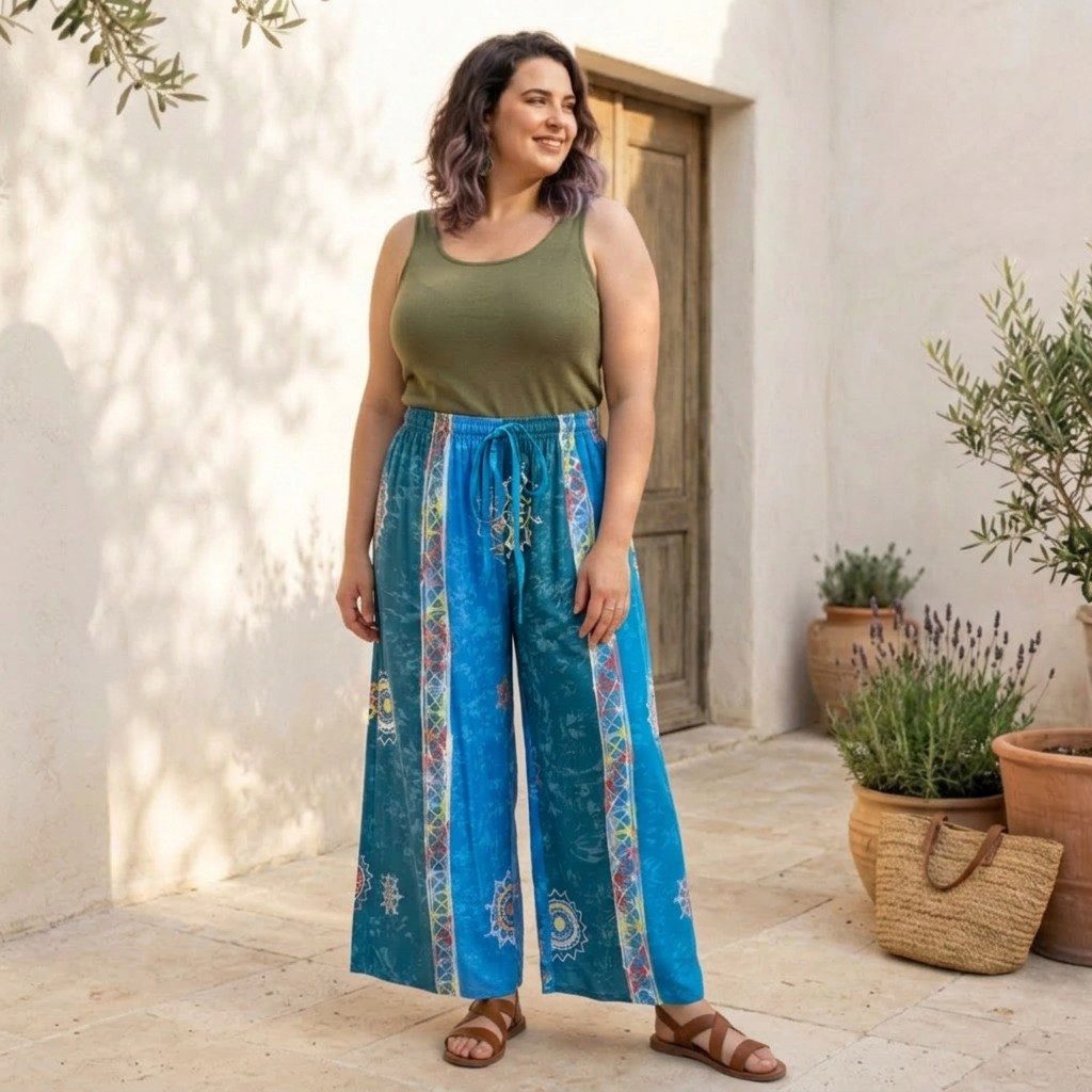 Guru-Shop Relaxhose Bequeme Palazzohose, weite Marlenehose, Boho.. alternative Bekleidung