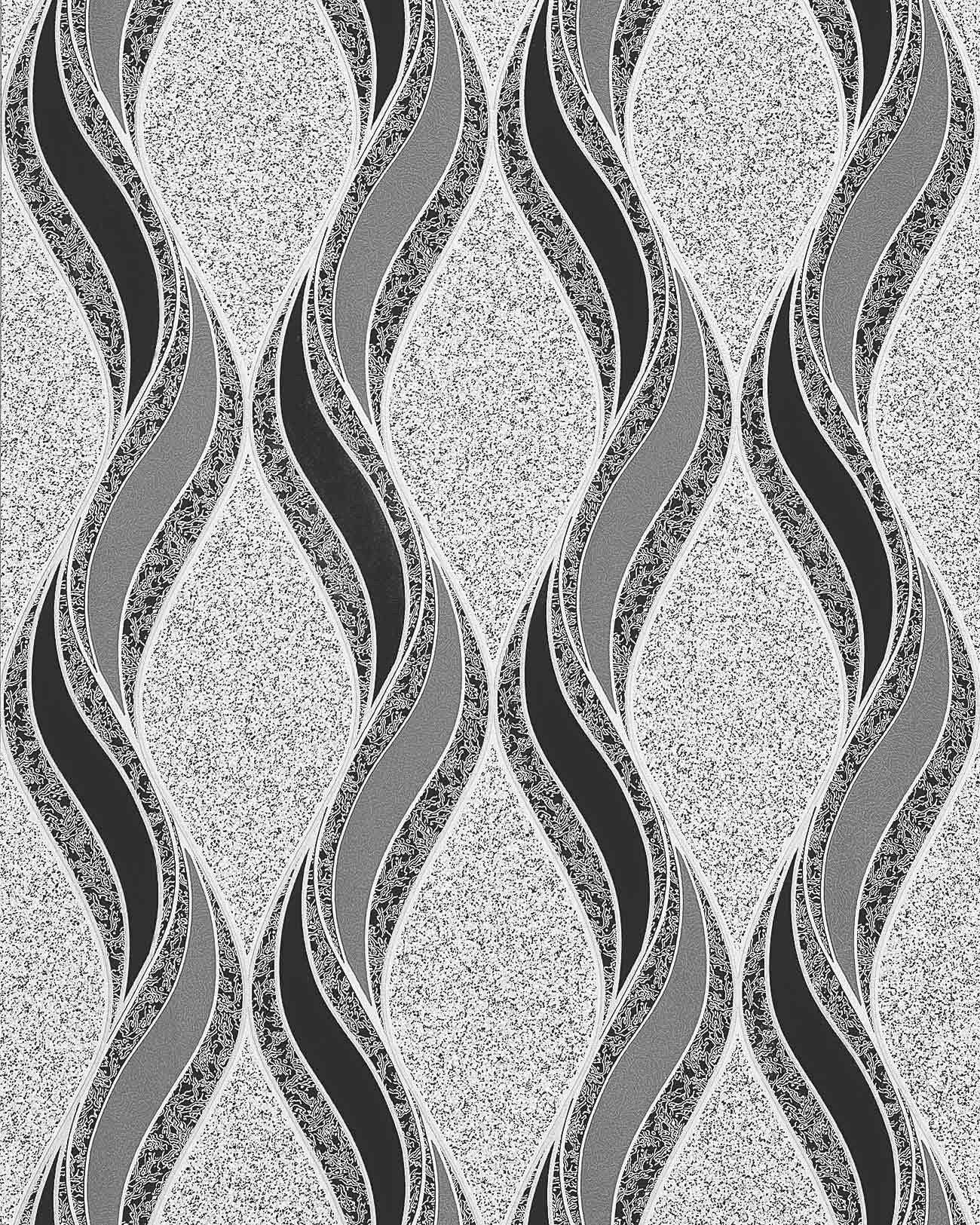 Edem Papiertapete 1025-16 Tapete Linien Ornamente grau schwarz silber 5,33 m2, geprägt, gestreift, grafisch, leicht glänzend, (1 Rolle, 5,33 qm), Vinyltapete auf Papierbasis, hellgrau, schwarz, silber
