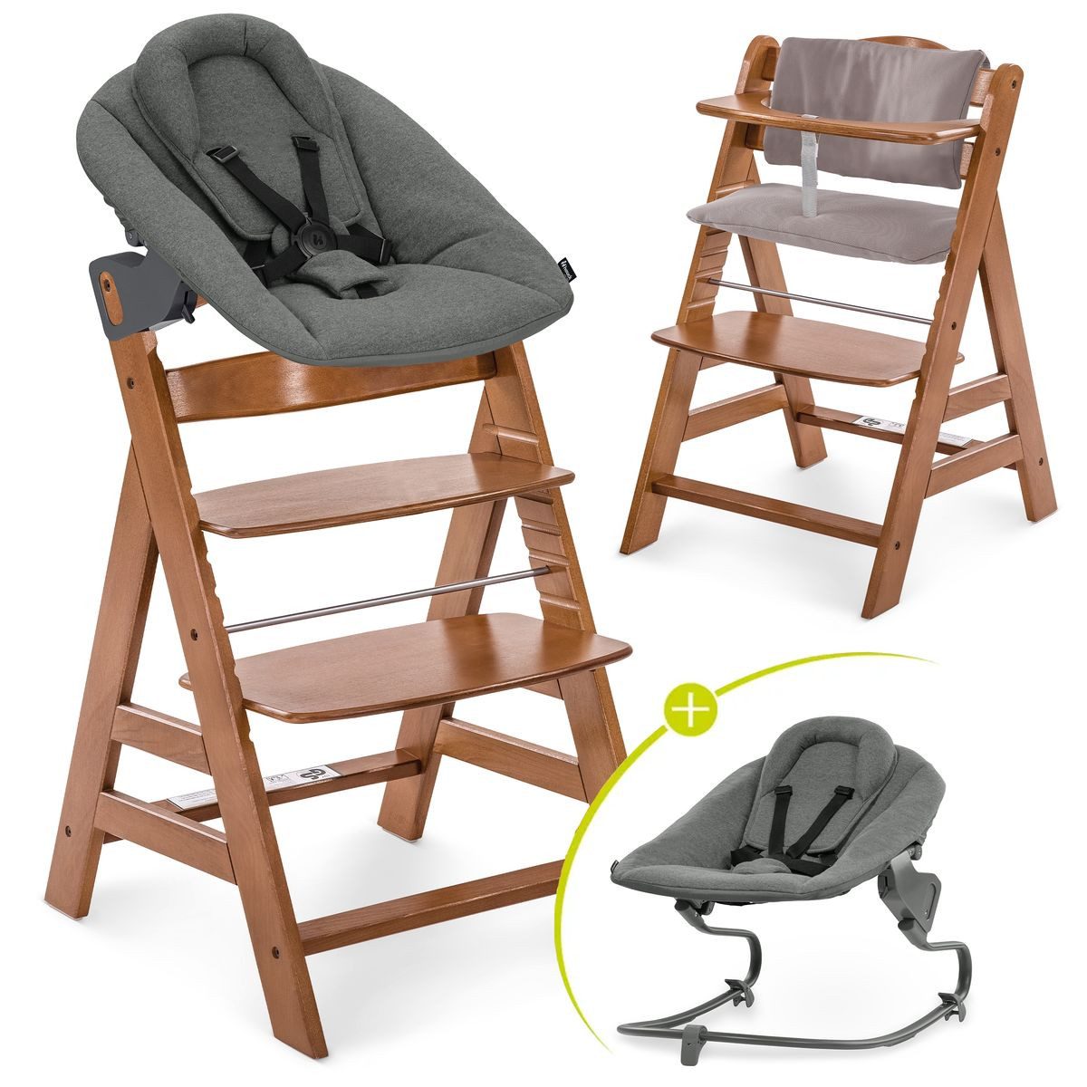 Hauck Hochstuhl Alpha Plus Newborn Set Premium - Walnut, Holz Babyhochstuhl ab Geburt inkl. Neugeborenen Aufsatz & Sitzpolster