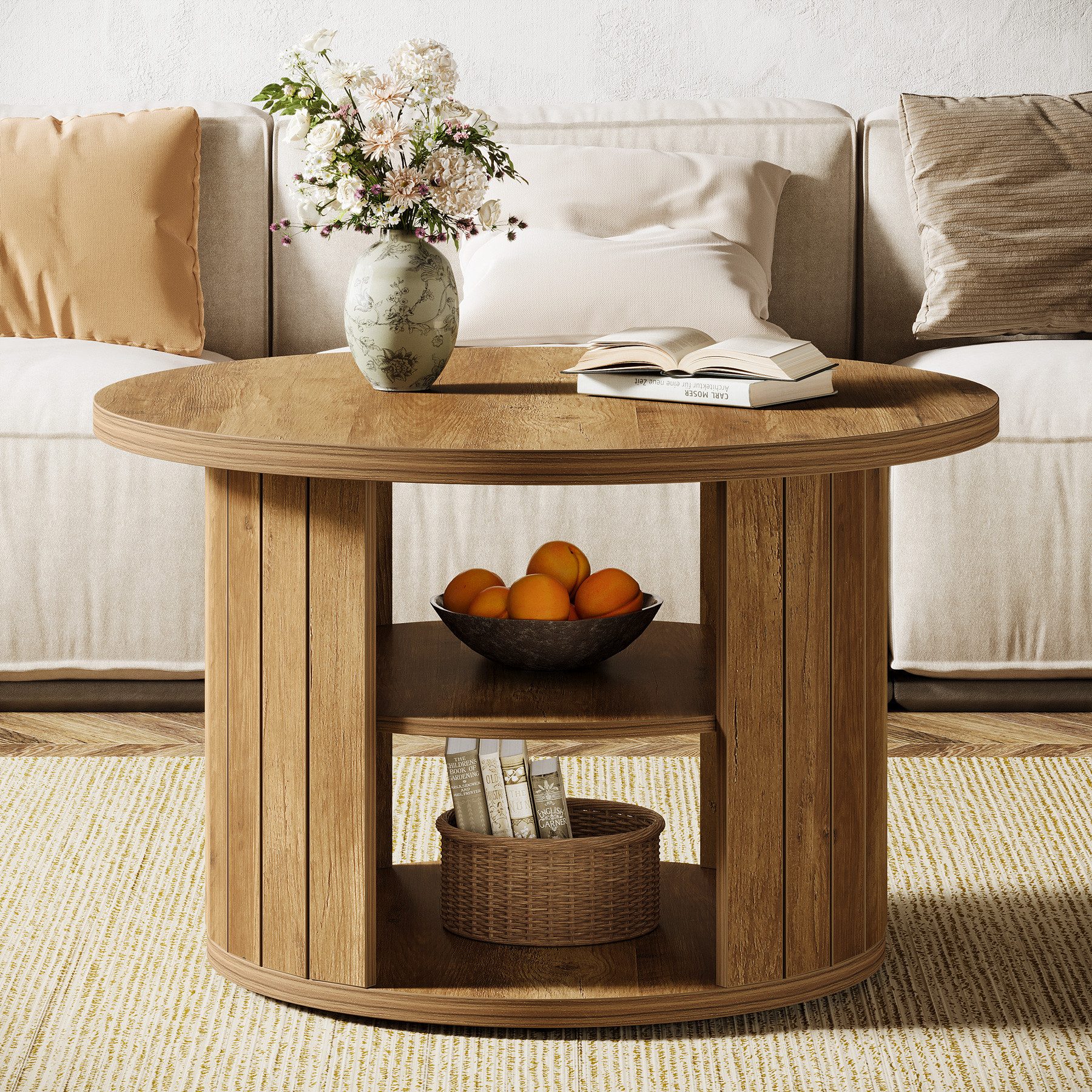 Tribesigns Couchtisch Runde 80cm Industrial 2-Tier-Kreis Wohnzimmertisch mit Lagerung Regale – Bild 4 von 5