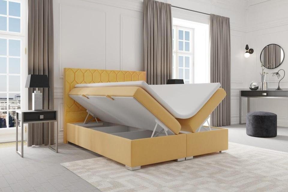 JVmoebel Bett Boxspring Bett Gelb Samt Betten Luxus Hotel Polster Design Bettkasten