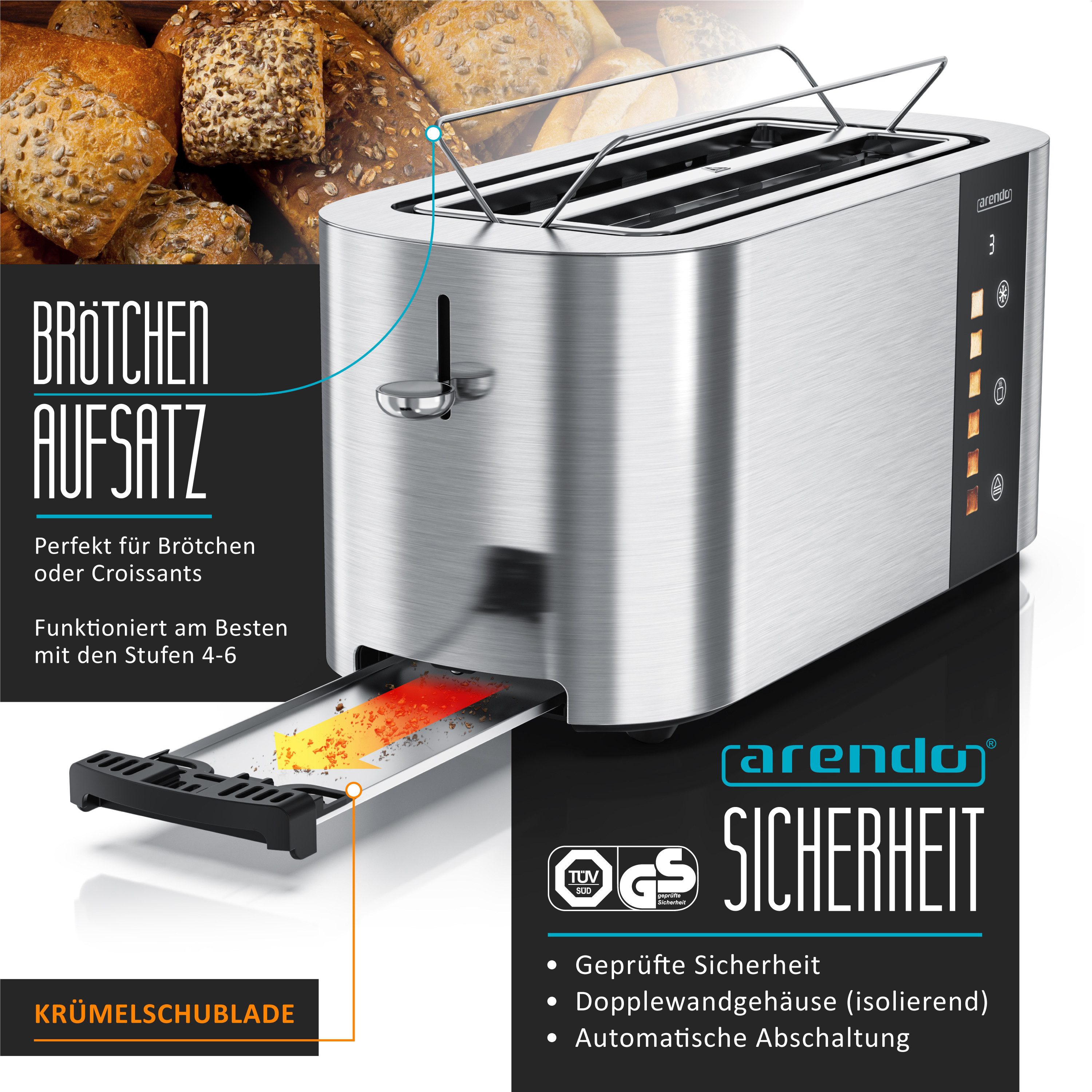 Arendo Toaster Edelstahl 4-Scheiben Langschlitz, Touch, Restzeit Bräunungsgradanzeige, 2 lange Schlitze, für 4 Scheiben, 1500 W, Brötchenaufsatz, Wärmeisoliert, Toast-Symbole für Bräunungsgradauswahl
