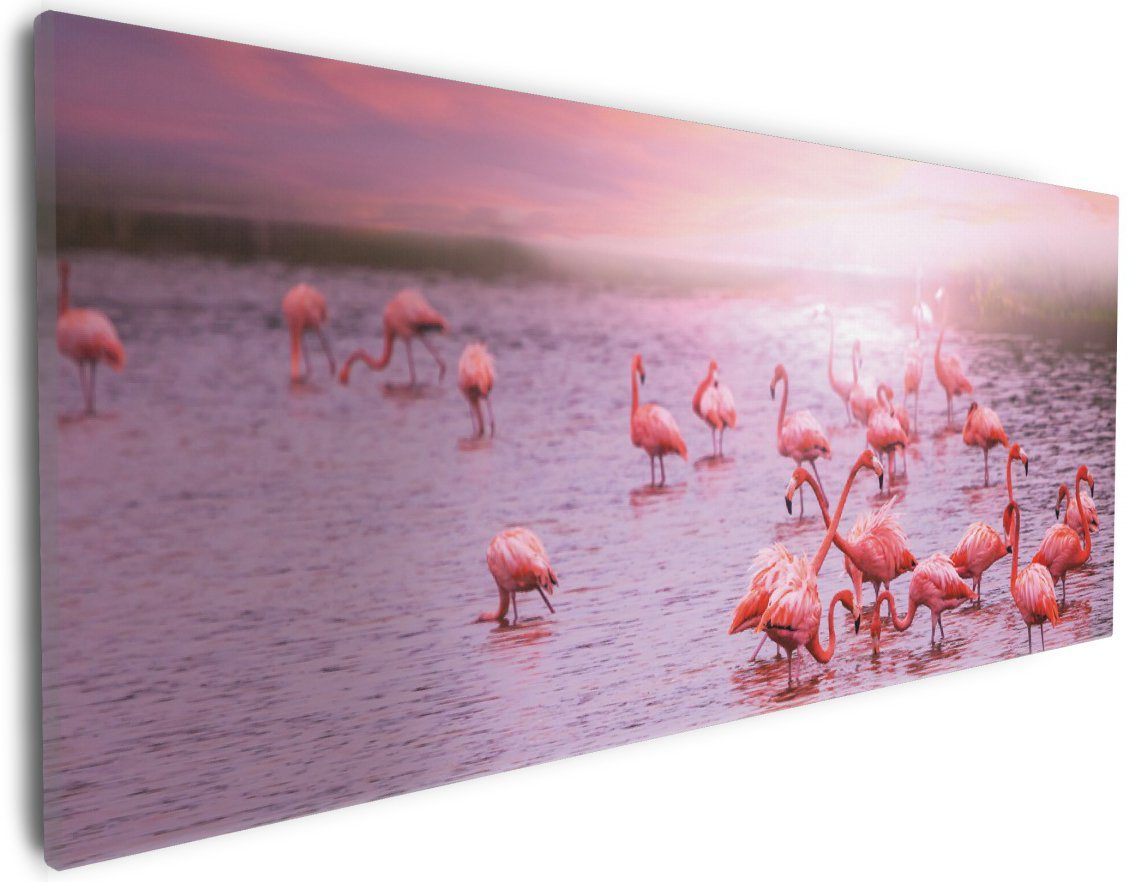 Wallario Leinwandbild, Rosa Flamingos bei Sonnenuntergang, in verschiedenen Ausführungen