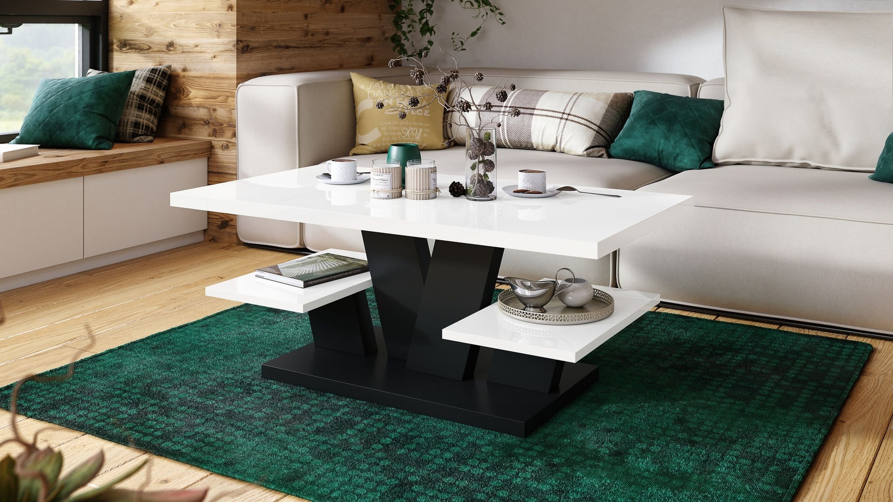 designimpex Couchtisch Design Viva Tisch Wohnzimmertisch 110x60x45 cm mit Ablagefläche Weiß Hochglanz / Schwarz matt