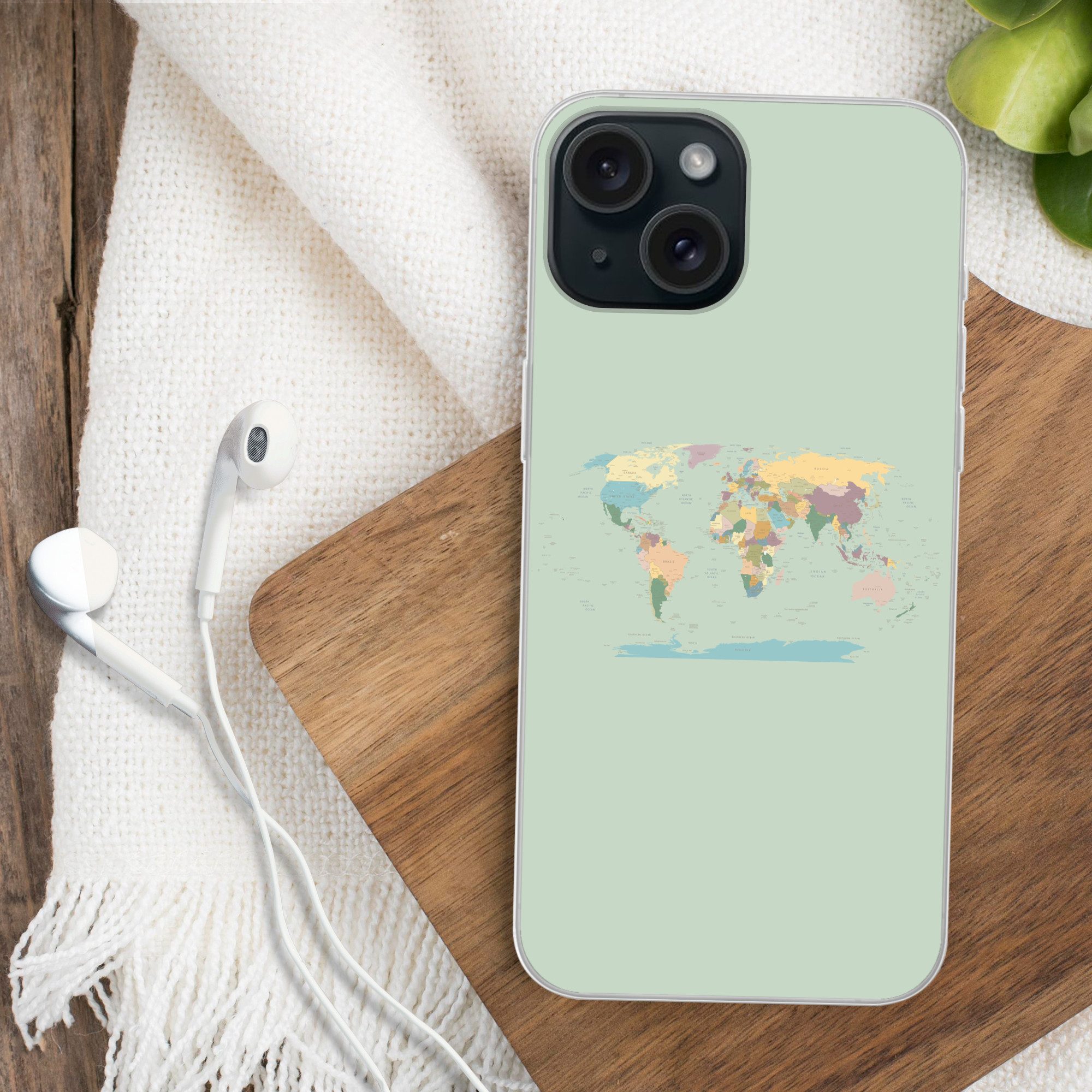 MuchoWow Handyhülle für Apple iPhone 15 Weltkarte - Realistisch - Karte, Smartphone-Bumper, Print, Handy Schutzhülle Dünn