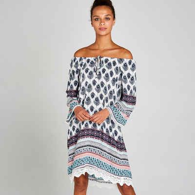 Apricot Sommerkleid Feather Border Crochet Trim Dress, mit tollem Druck, mit Tassel