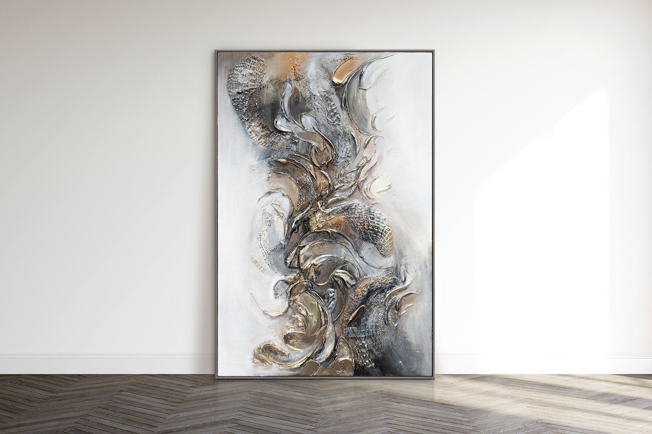 YS-Art Gemälde Leinwand Abstraktion, Melodie, Handgemalt Abstrakt Gold mit Rahmen Vertikales Bild