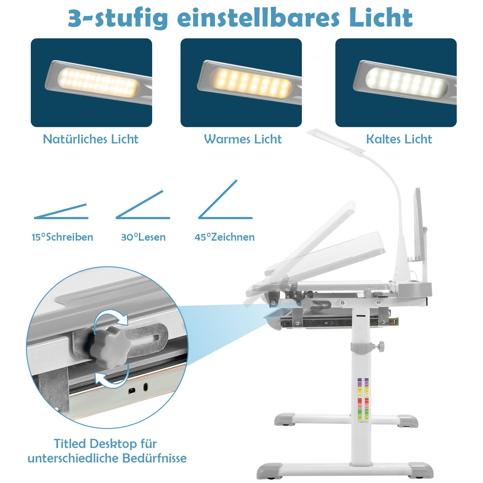 COSTWAY Kinderschreibtisch, mit Stuhl & Lampe, günstig online kaufen